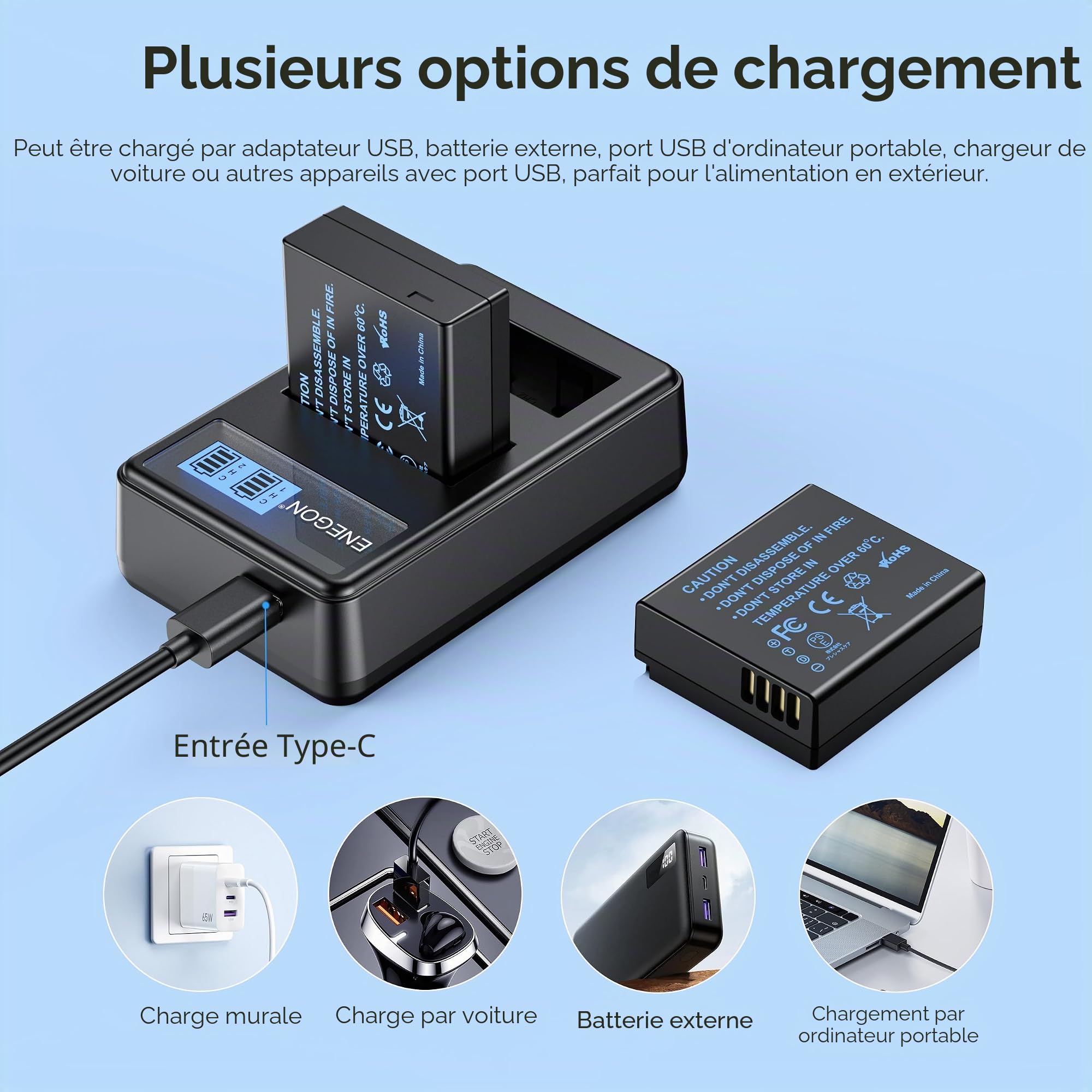 ENEGON DMW-BLE9 DMW-BLG10 Lot de 2 Batteries 1200mAh et Chargeur, Câble USB-C et écran LCD, pour Panasonic Lumix DC-LX100 II, TZ202, TZ101, TZ99, TZ91, TZ81, DMC-GX7, DMC-GX9, DMC-GX80, DMC-GX85