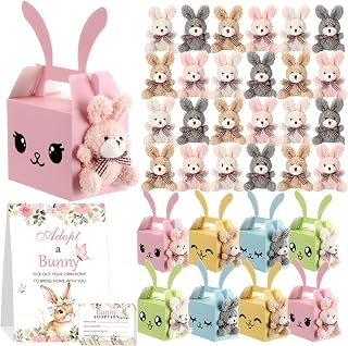 Blueweenly 73 Pcs Adopt a Bunny Party Favors Set Mini Plush Rabbit Toys | Foldable Brown Plaid Carton Barn Adoption Cards 1 Sign Animal with Favor Bags for Adopt a Pet Party Favors Birthday Supply