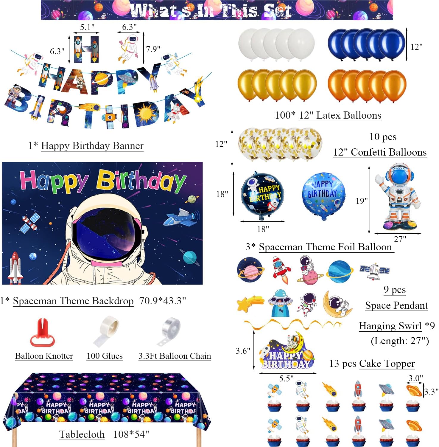 Outer Space Themed Birthday Party Decorations, Galaxy Backdrop Tablecloth, Happy Birthday Banner, Astronaut Foil Confetti Balloons, Cake Topper, Hanging Swirls for Boys Kids - Image 2