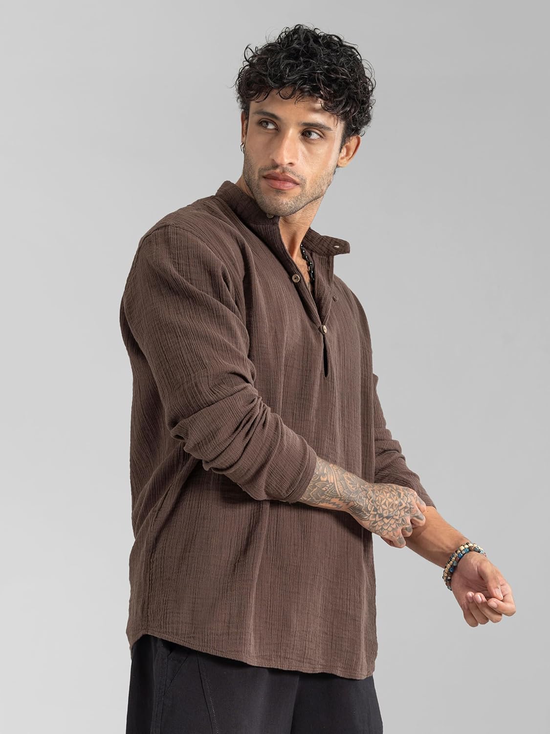 Mandarin Collar Cotton Crinkle Kurta Shirt for Men