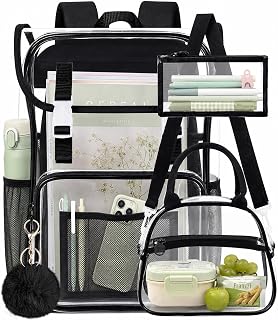 17" Flip Top Clear Backpack, 3Pcs Stadium Approved Set, Heavy Duty Transparent Bookbag for Gym/Concert (Black)