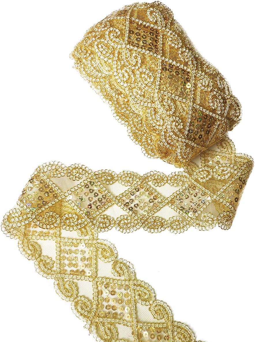 Gnognauq 10 Yards Lace Mesh Trim Sequins Ribbon Embellishment for Clothing Costume Accessories