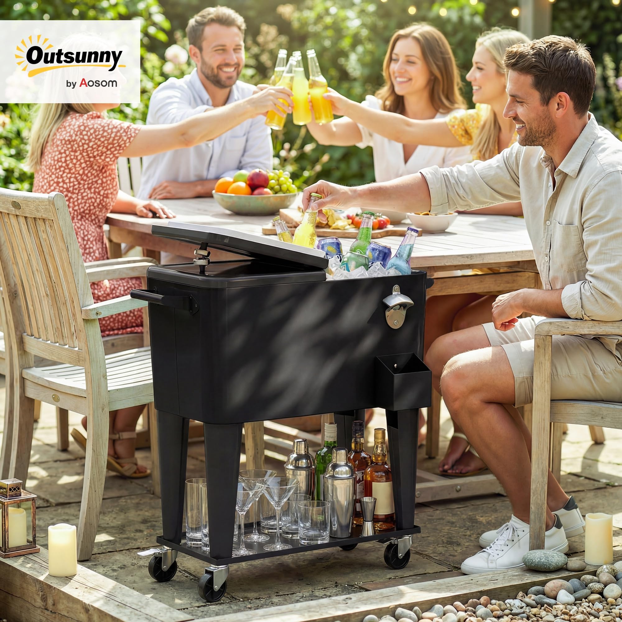 Outsunny Nevera de jardín de 76 l, carro para comida de jardín con estante, abrebotellas, ruedas bloqueables, archivador de tapones, portátil para bebidas, bar, patio y fiestas, color negro