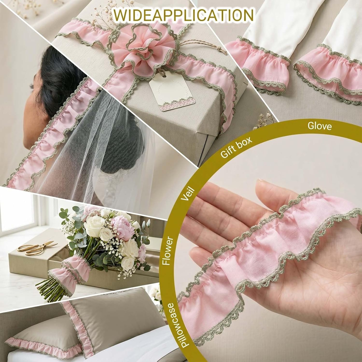 5.5 Yards Soft Cotton Ruffle Lace Trim, 1.1 Inch/2.8cm Wide Pink Ruffled Lace Ribbon, Ruffle Pleated Ribbon Trim for Sewing, DIY Hair Bows, Doll Clothes, Pillowcase, Curtain, Wedding & Home Decor
