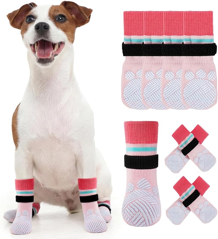 Protetores de Patas Antiderrapantes para Cães Kuoser, Meias com Silicone, Rosa XS, Pacote com 4