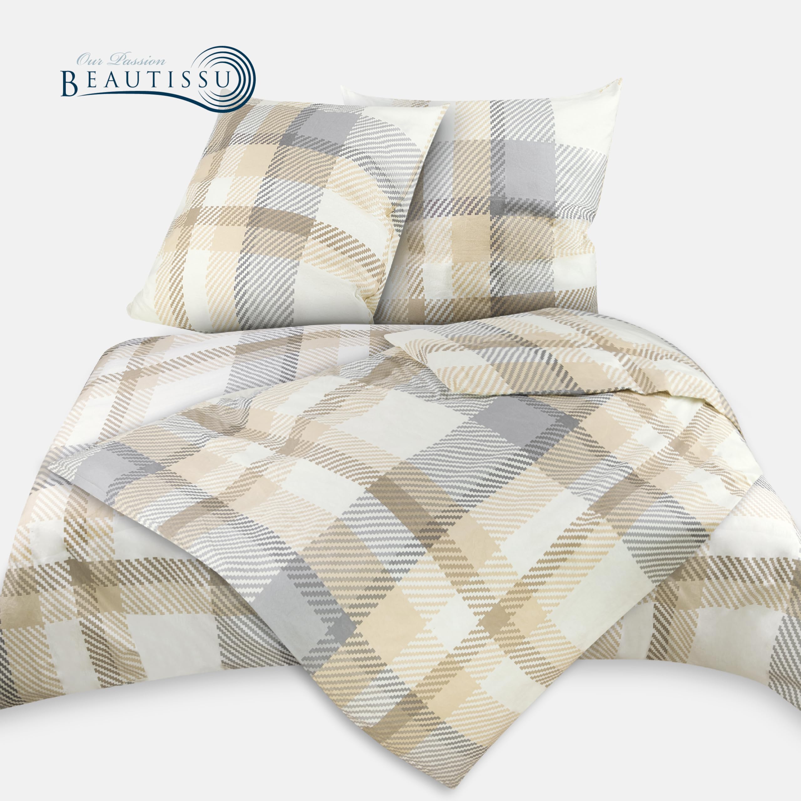 Beautissu Biber Bettwäsche 4teilig Flanell Winterbettwäsche Biberbettwäsche | 135x200cm Beige warme Feinbiber Bettbezug & Kissenbezug 80x80cm Bettwäsche-Sets warm Winter Set Mira