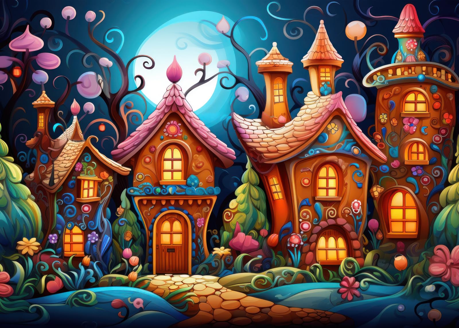 Bullglesup Puzzles for Adults 1000 Pieces, Moonlit Cottages Jigsaw with Poster Letter on Back, Unique Pieces Fit Well No Dust (27.5"x19.6") โ image 1