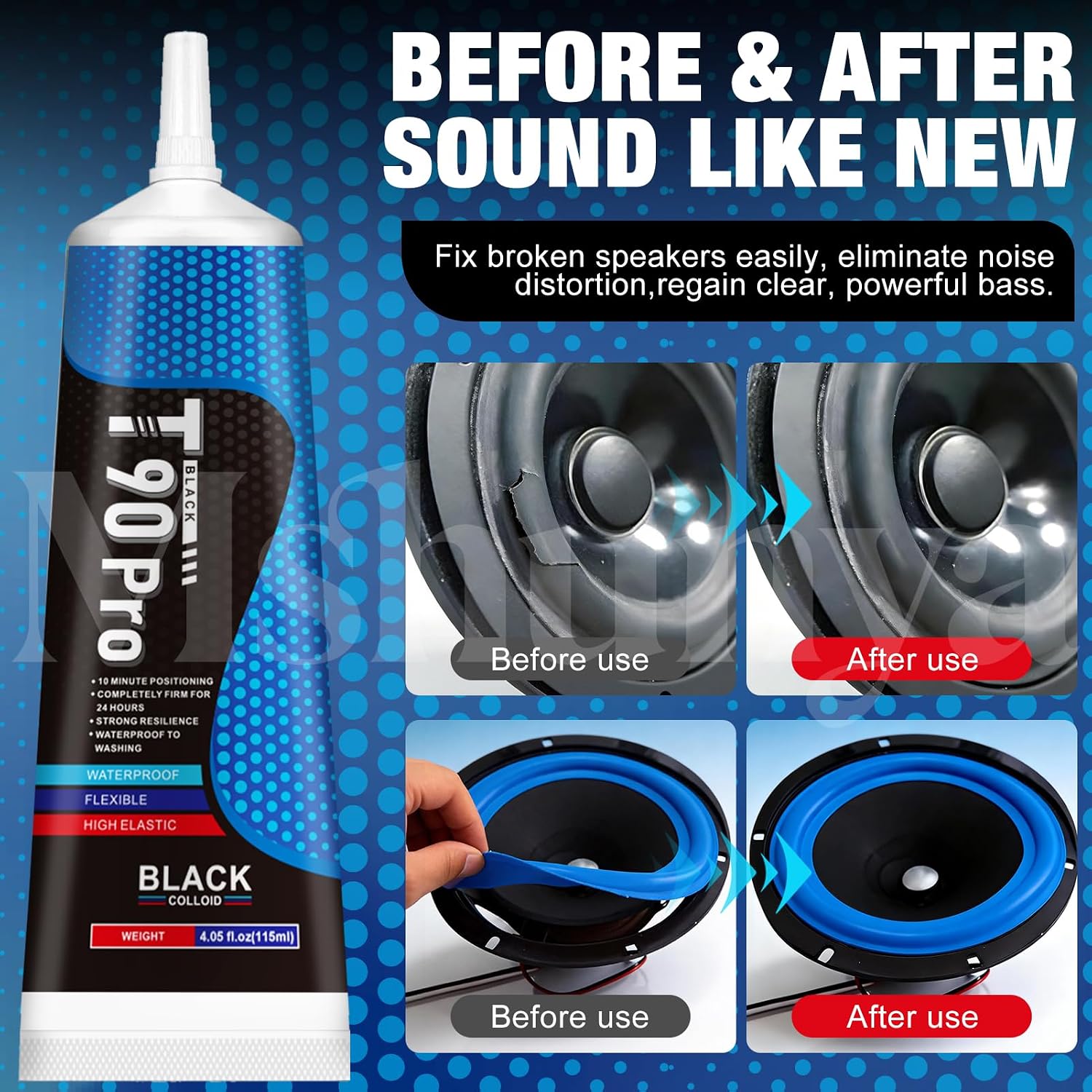 4.05 Oz Speaker Glue, Speaker Repair Glue, Strong Speaker Glues with Blue Clips, Waterproof and Shockproof, Used for Assembling and Repairing Speaker Equipment and Can Bond Variety of Materials