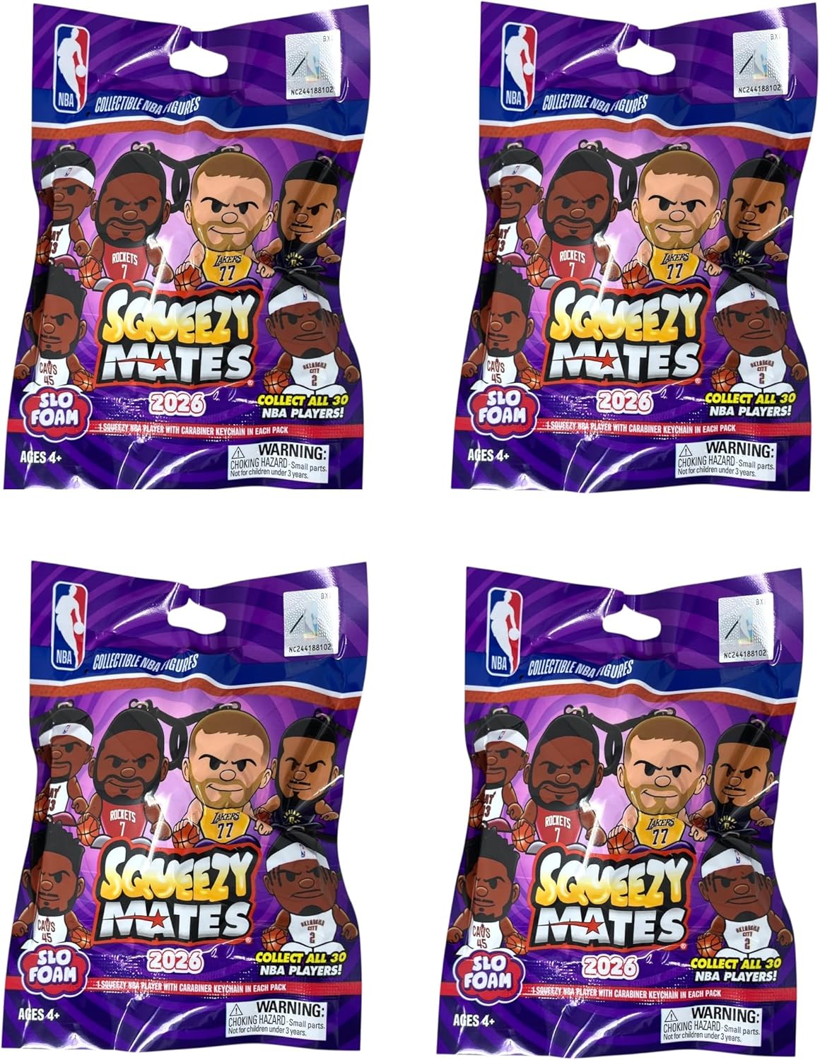 Party Animal - 4 Pack Bundle - Squeezymates NBA Basketball Series 6 Mystery Blind Pack Bag Figure Slofoam Keychain