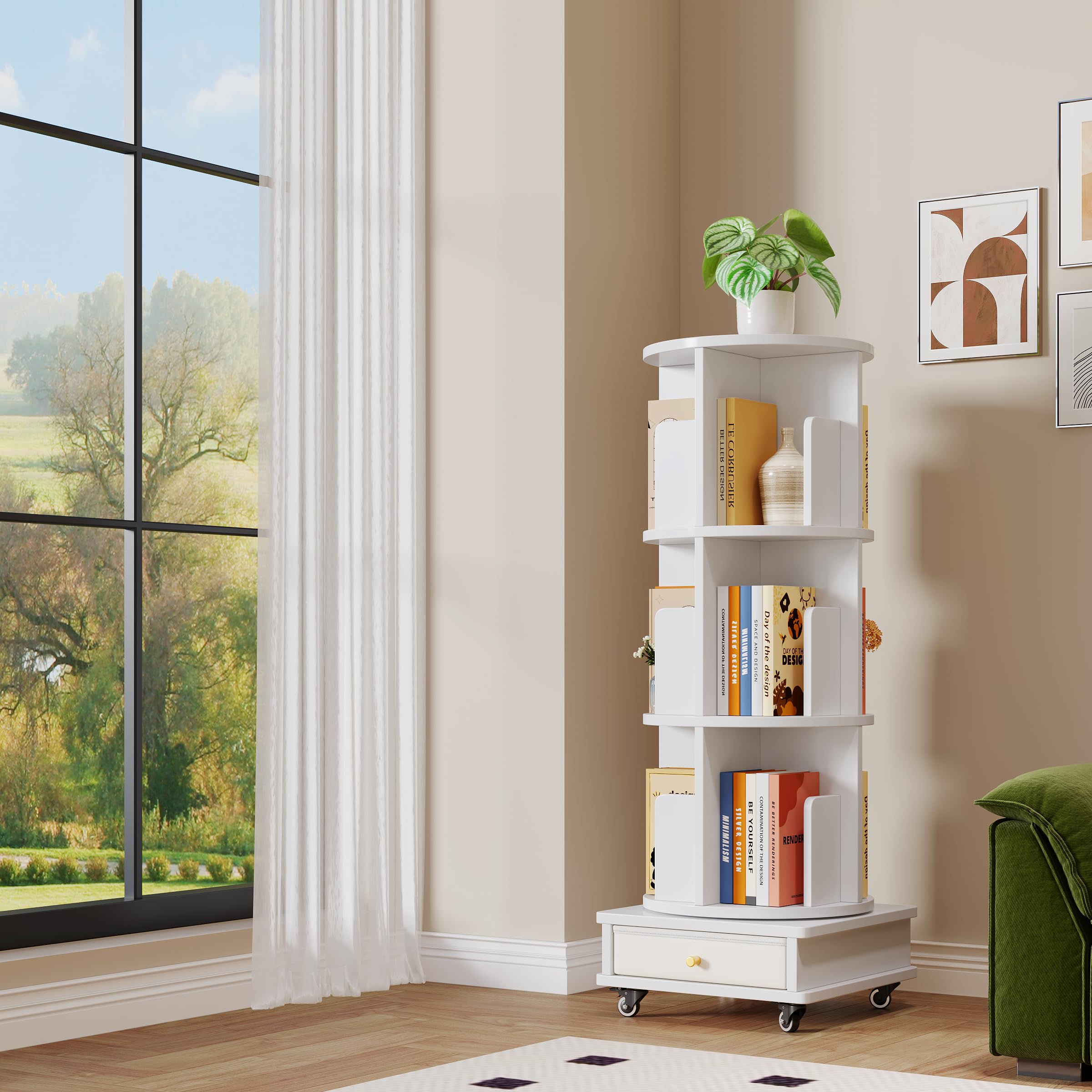 Librerías giratoria de 3 estantes, Librerías rotación de 360°, estantería Multifuncional 1 cajón para salón, Dormitorio, Estudio, Oficina, Blanco