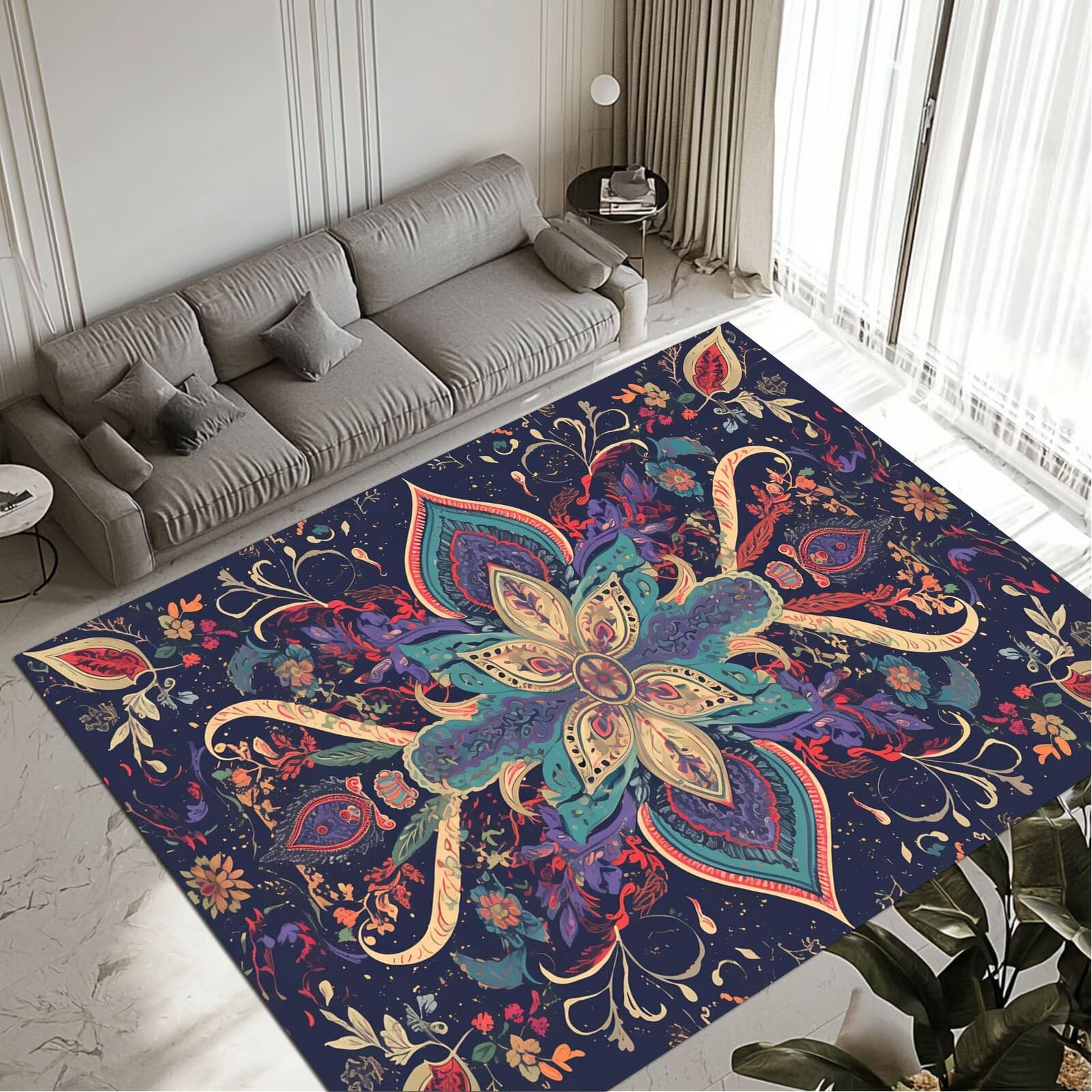 Tapis salon mandala grand tapis chambre adulte lavable antidérapant
