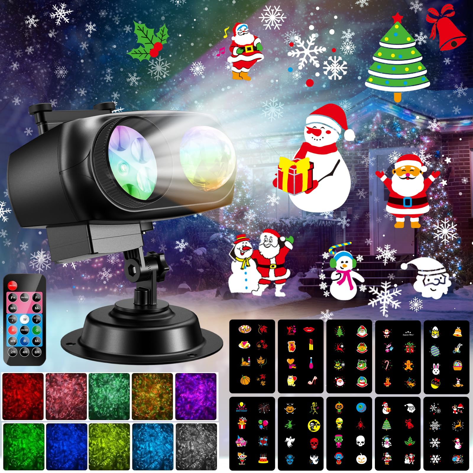 Weewooday Proiettore Luci 3D Halloween e Natale con 12 Diapositive HD, 4 Colori, Telecomando e Timer, Decorazione per Giardino, Festa, Finestre, Interni ed Esterni