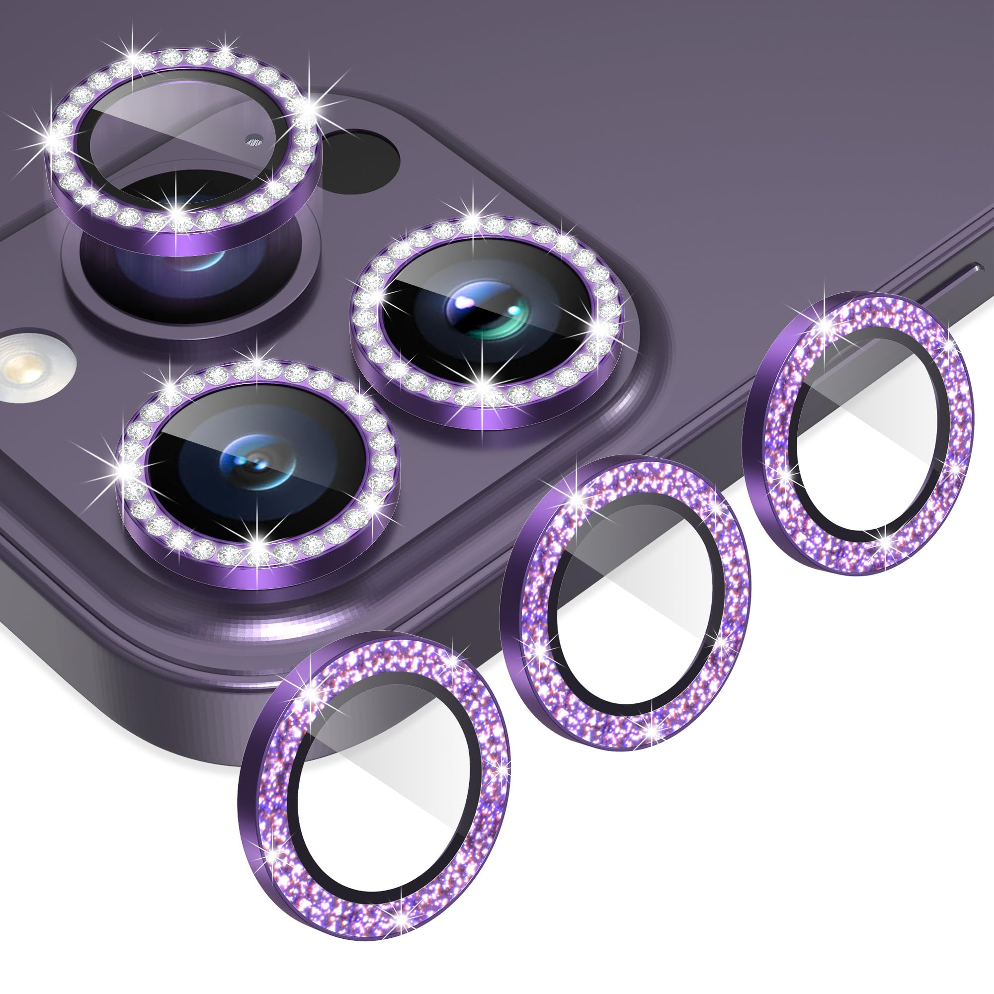 AGVEE 3+3 6 Pack for iPhone 14 Pro 6.1" / 14 Pro Max 6.7" Camera Lens Protector, Bling Diamond & Bling Glitter Metal Ring 9H Tempered HD Glass Camera