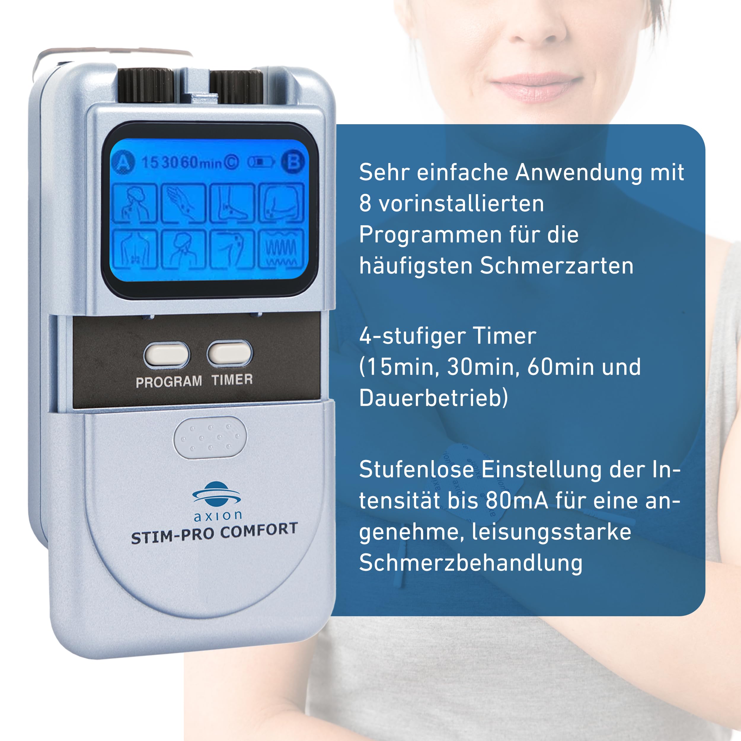axion® STIM-PRO Comfort - TENS Gerät zur Schmerztherapie. Medizinprodukt | Praktisches Reizstromgerät mit voreingestellten Programmen. Inklusive 4- 5x5 cm Tens Elektroden Pads. Zertifiziert nach MDR