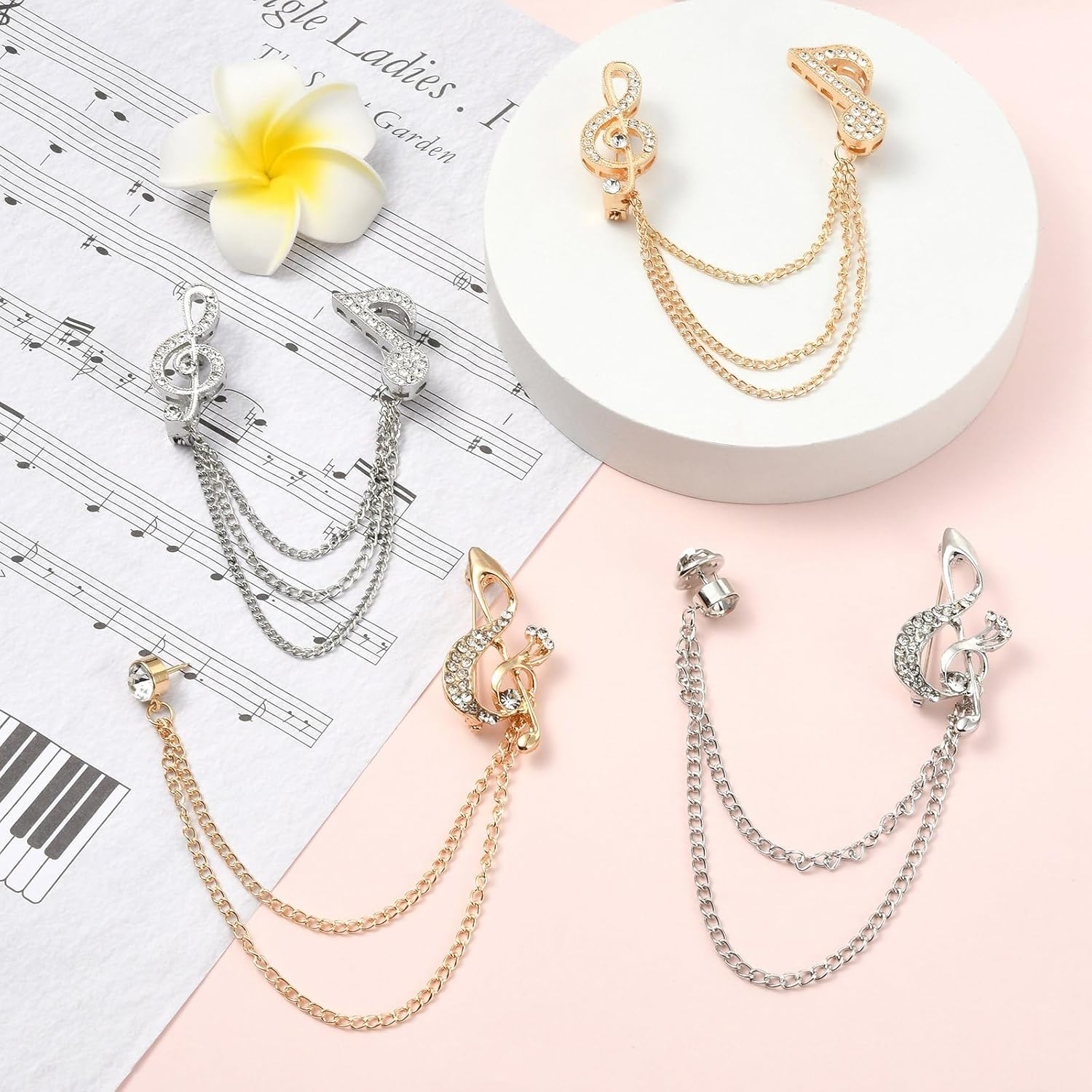 Airssory 4Pcs 4 Styles Rhinestone Musical Note Brooch Safaty Chain Hanging Sweater Tassel Collar Lapel Brooch Charm Pins for Women Men Unisex Suit Accessories - Image 5