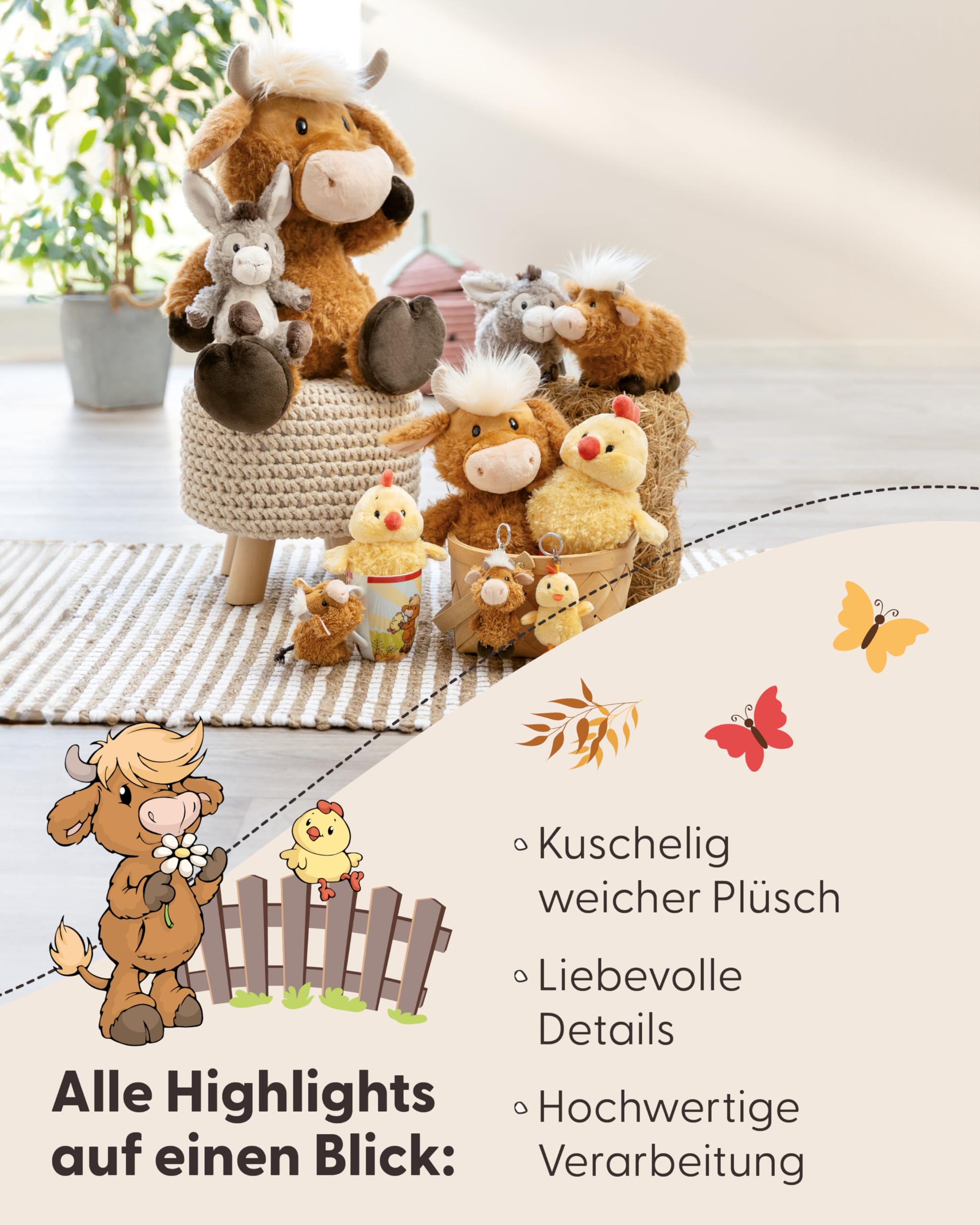 NICI Kinder Kissen Hochlandrind McMooray & Küken Eggwina 43x25cm weiß - Flauschiges NICI Kuschelkissen für Kinder, Babys & Kuscheltierliebhaber: ideal für Zuhause, Kindergarten oder unterwegs - 61120