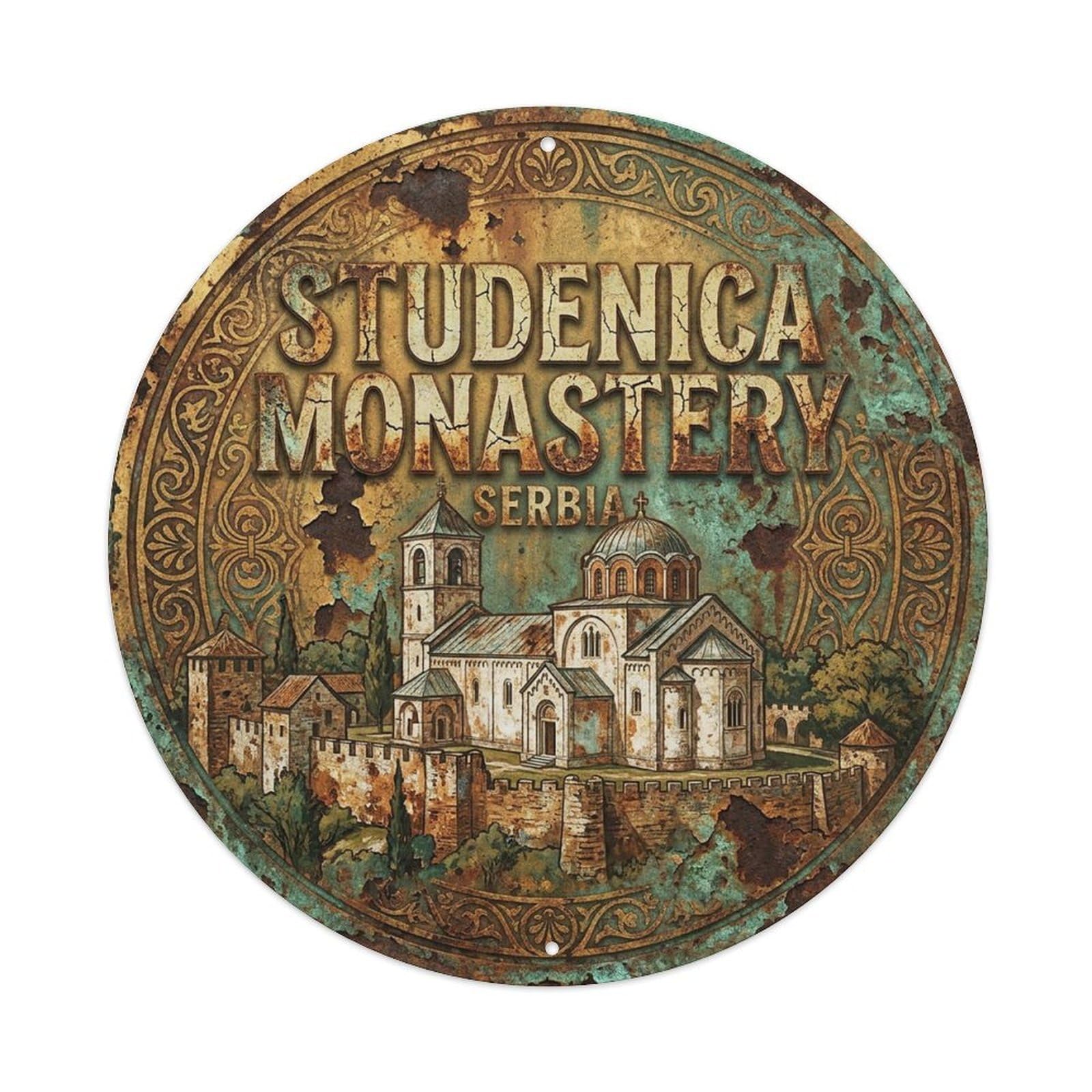 Serbia Retro Travel Studenica Monastery Vintage Metal Tin Sign Plaque Wall Decor for Cafe, Club Bar, Office, Garden Metal Poster 8x8Inch