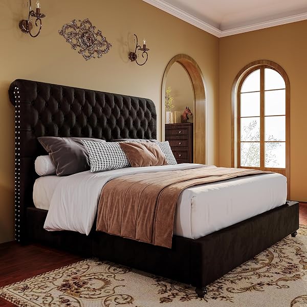 PaPaJet Bed Frame Velvet Upholstered Sleigh Bed Platform with Deep Button Tufted Rolled Edge Headboard