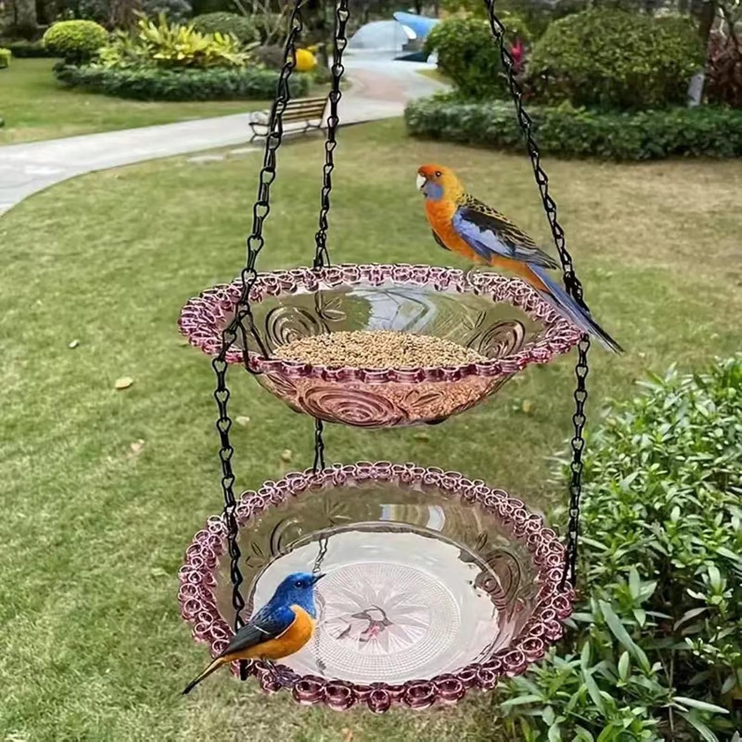 Decorative Two Purpose Bird Bath and Feeder with S Hook for Easy Hanging Installation Multi Functional Bird Bath