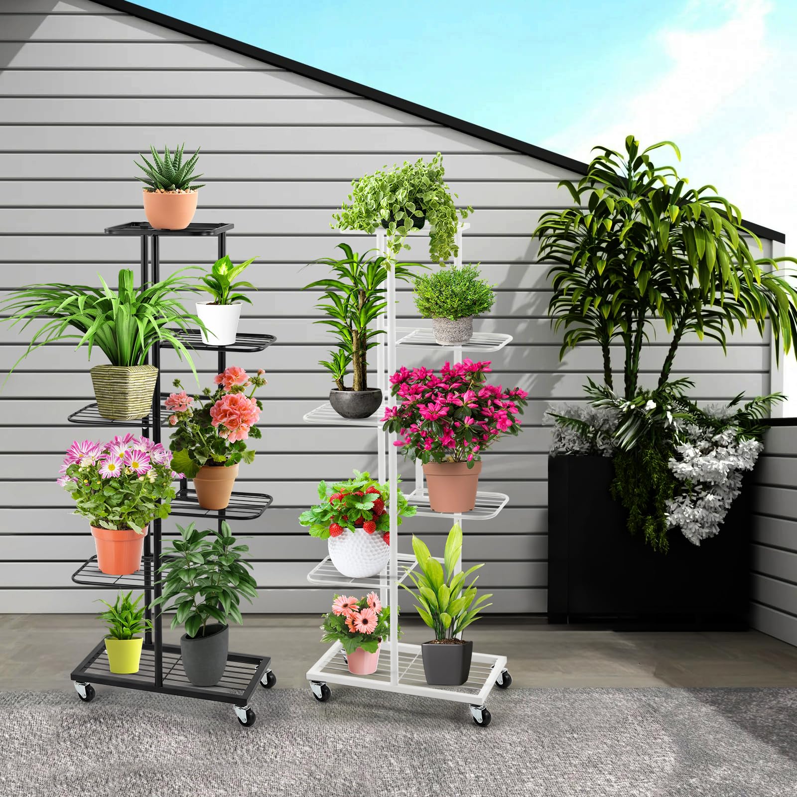 Support pour Plantes 6 Étagères, Étagère en Métal avec Roues, 108 cm de Hauteur, pour Intérieur et Extérieur, Noir