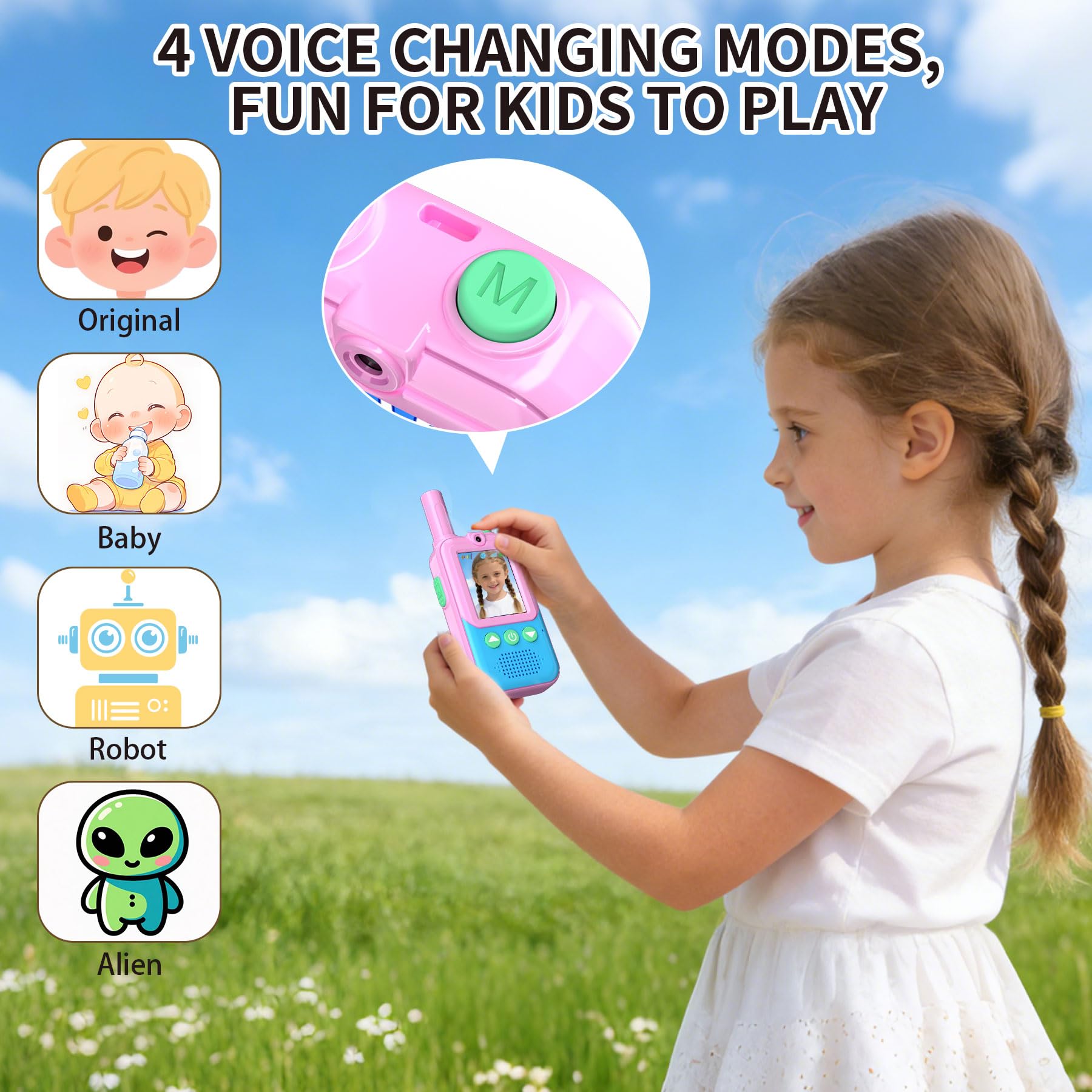 Video Walkie Talkies for Kids 2 Pack,Outdoor Toys Gifts for 3-12 Year Old Boys Girls,Rechargeable Kids Walkie Talkies with Screen Display&4 Funny Voice Changer for Adventure Games Camping(Blue Pink) - Image 3