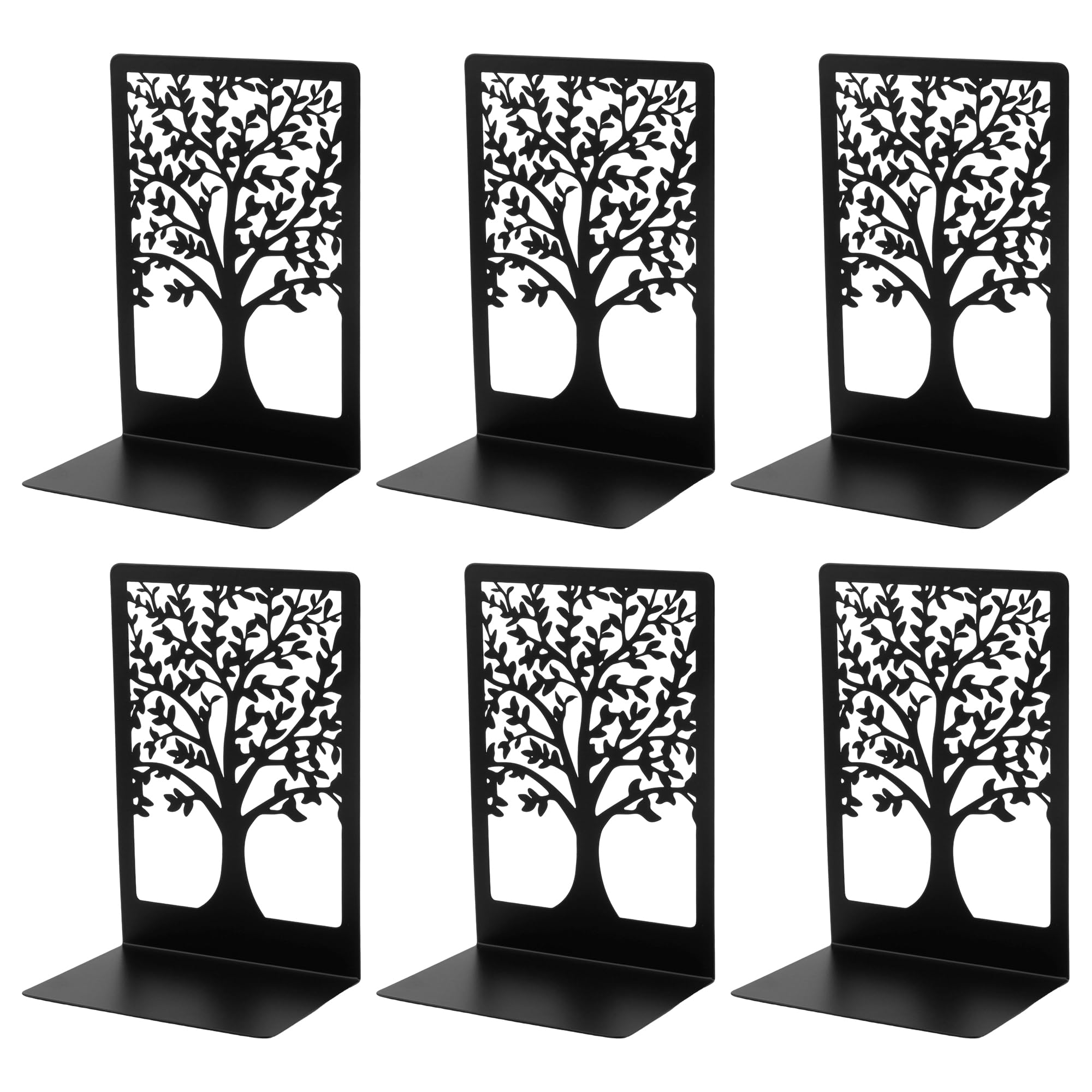 CHEUNGR 6 Pack 3 Pairs Metal Book Ends, Tree of Life Decorative Heavy Duty Black Bookends for Shelves, Home Office Library Organizer