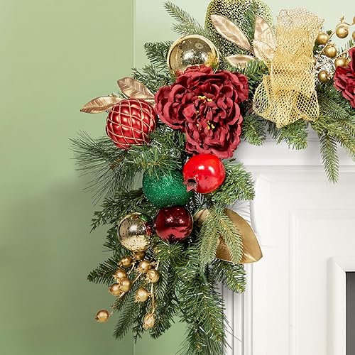 Miniatura 2 de WBHome Guirnalda de Navidad preiluminada de 6 pies72 pulgadas, guirnalda iluminada roja, verde y dorada con 50 luces LED para decoración de Navidad