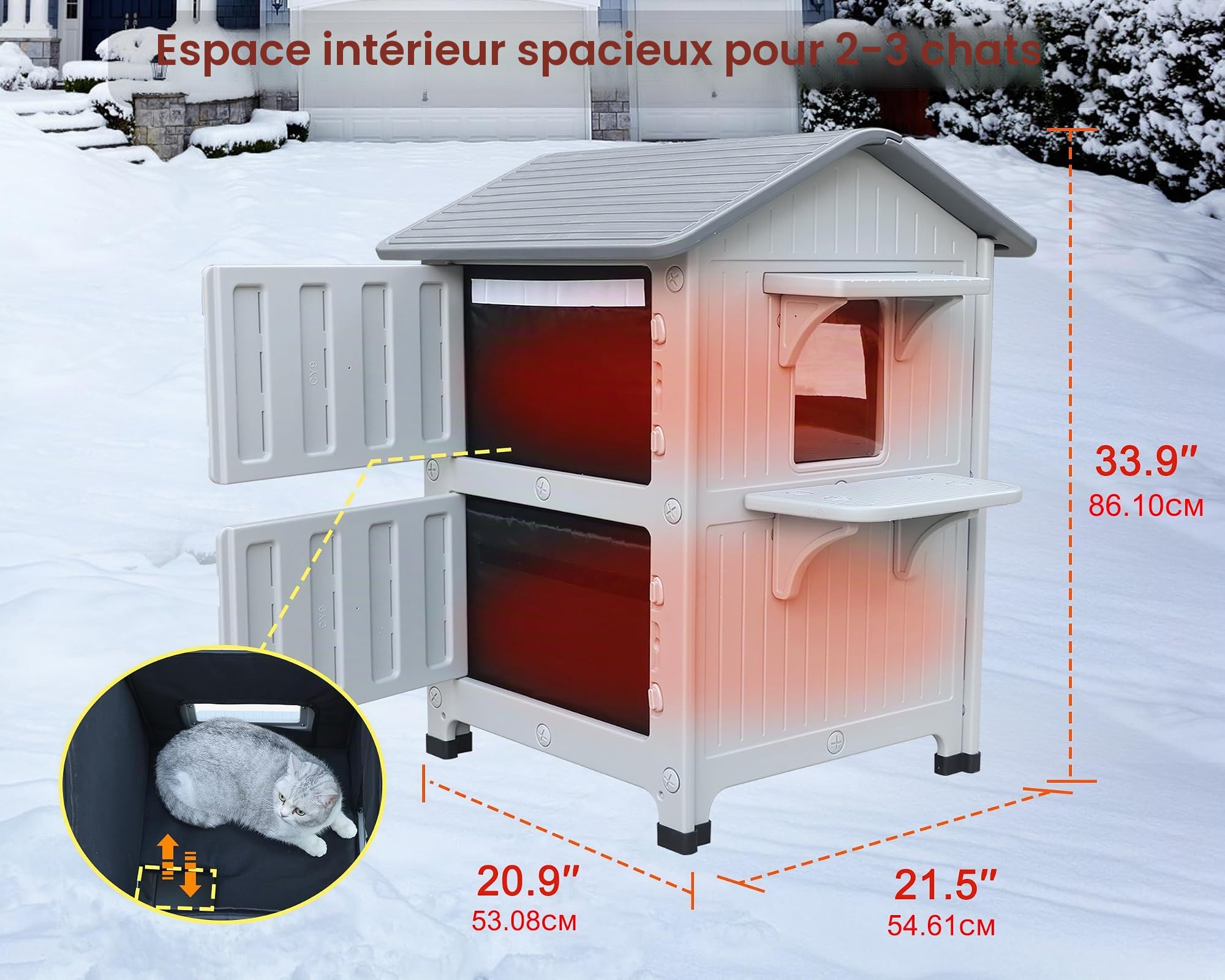Abri pour chat en plein air à 2 étages avec doublure isolante, abris extérieurs pour chats en plastique résistant aux intempéries avec porte d'échappement HiCaptain