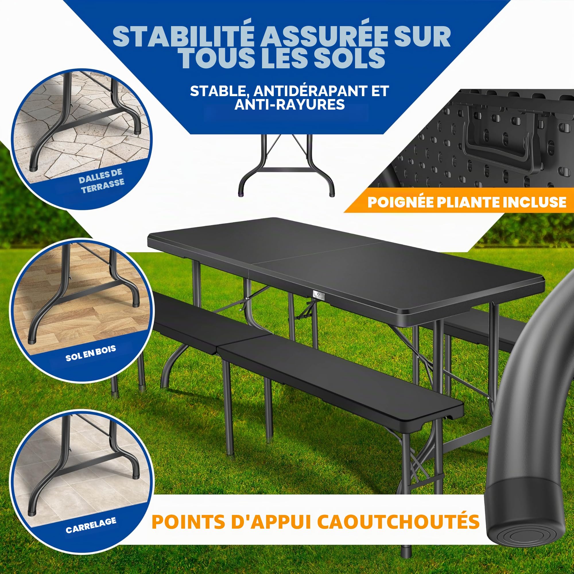 KESSER® Table de buffet, pliable, en plastique, 183 x 76 cm, idéale pour le camping, les fêtes, le jardin, la terrasse et le balcon, pour 6 personnes, avec poignée de transport, anthracite