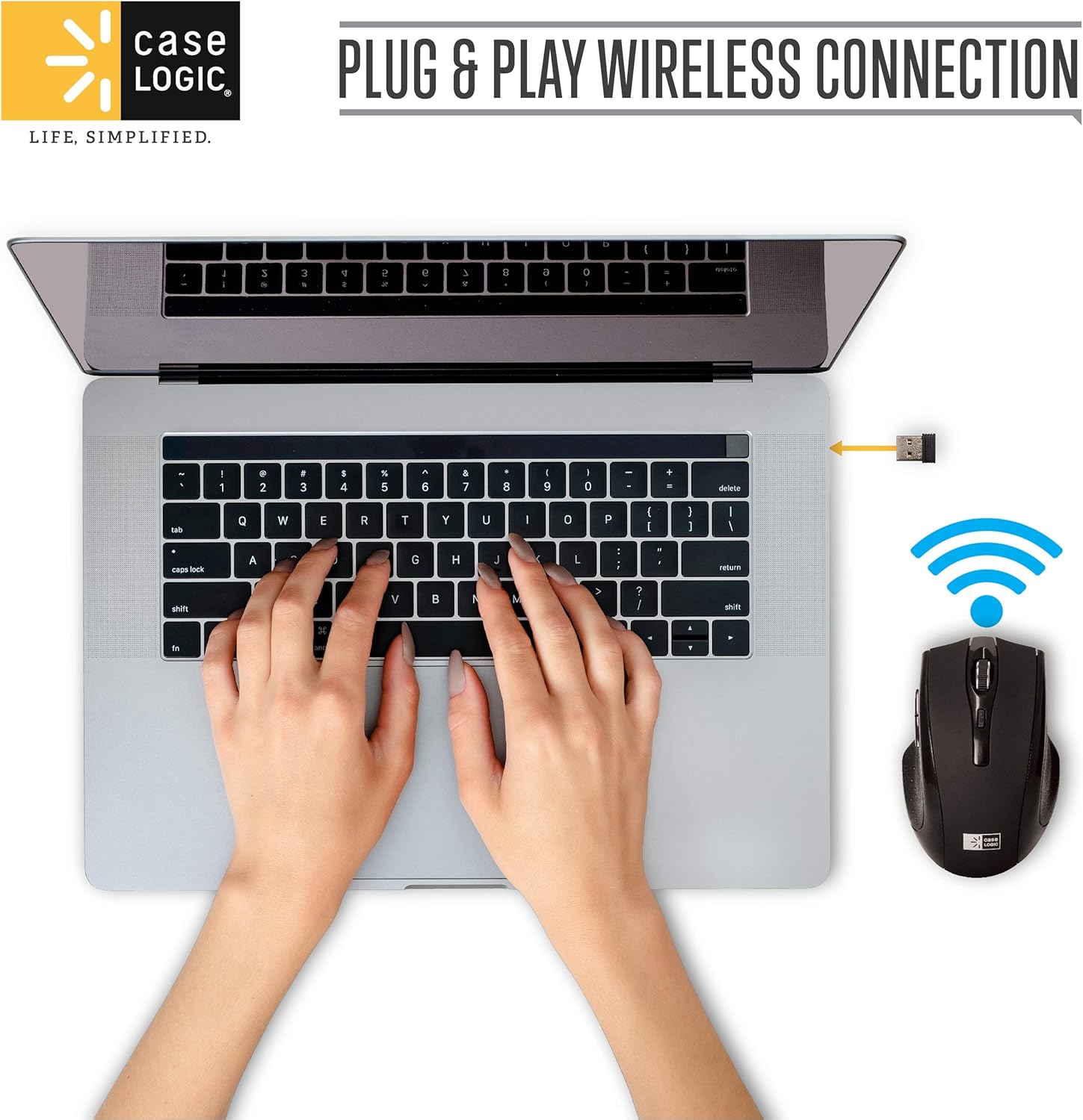USB receiver being plugged into a laptop next to the Case Logic wireless mouse.