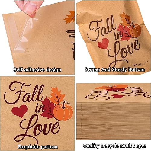 Miniatura 3 de Whaline Paquete de 100 bolsas de dulces para recuerdos de boda de otoño, bolsas de golosinas de calabaza, hojas de arce, bolsas autoadhesivas de