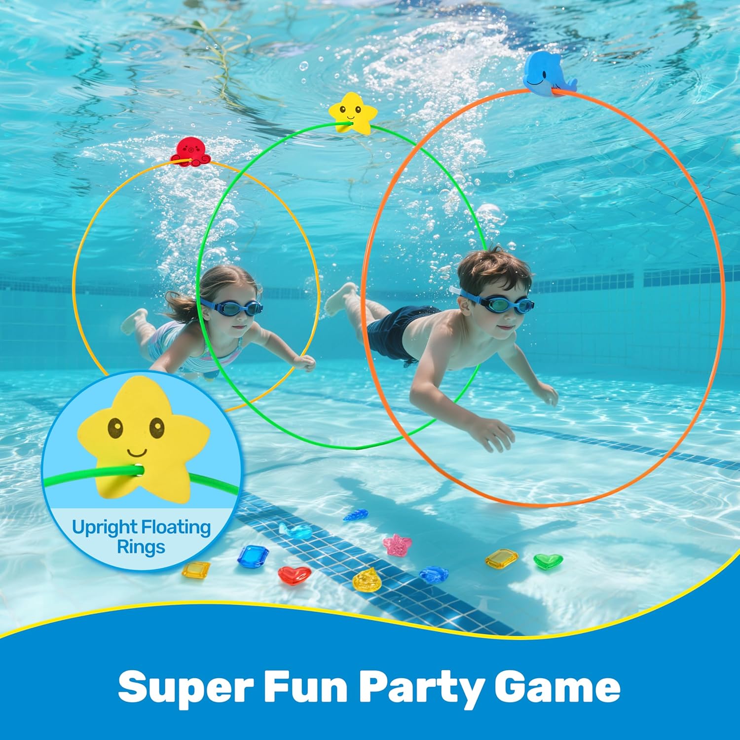 SYNCFUN Pool Toys Diving Rings,32PCS Swim Rings Pool Game Set Toys with Dive Ring Gem Seaweed Underwater Shark Jellyfish Water Swimming Toy for Kids Teens Adults Boys Girls