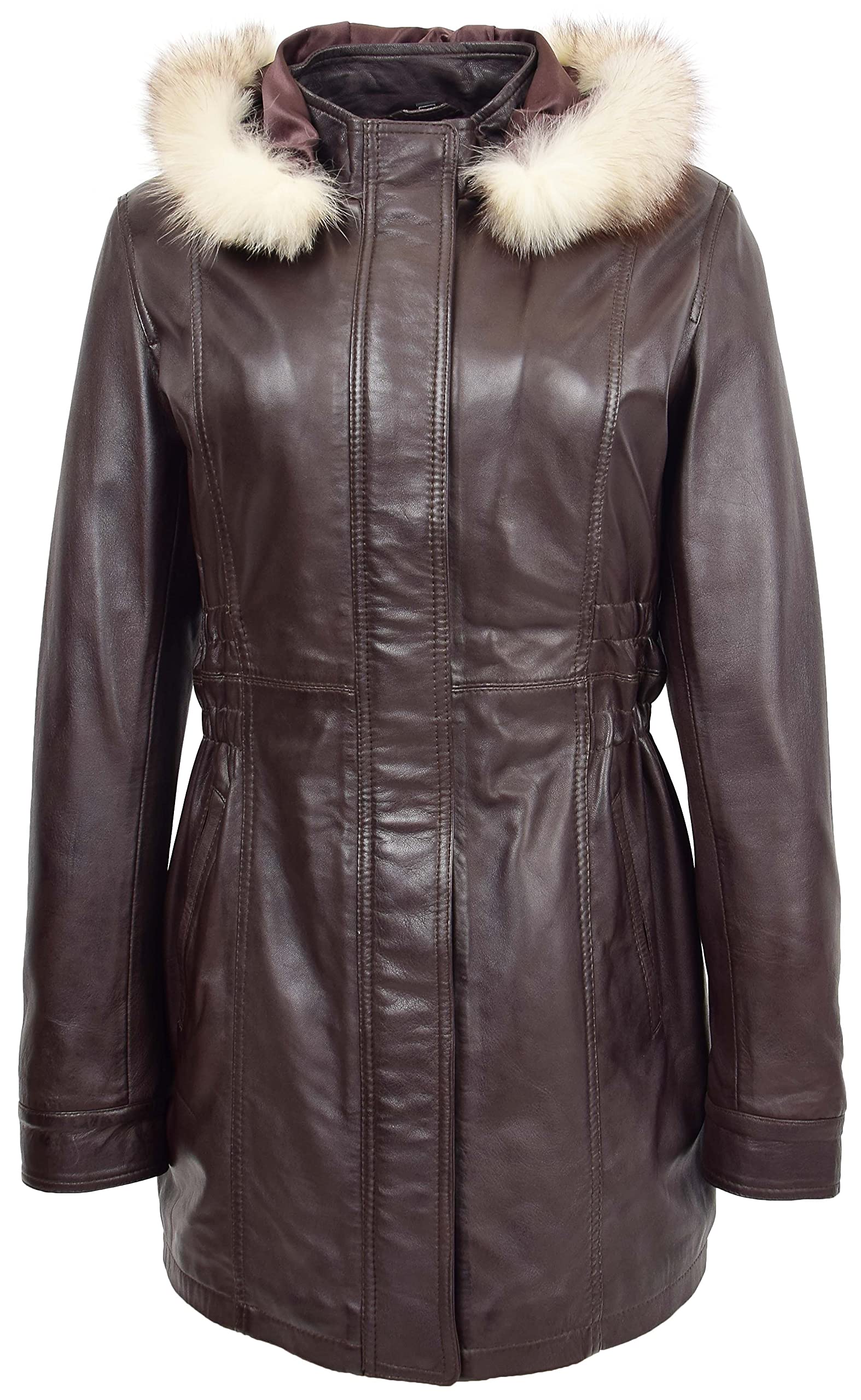 Womens Real Leather Coat Detachable Hoodie Parka Kathy (16, Brown)