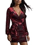 Women Sexy V Neck Long Sleeve Velvet Floral Bodycon Ruched Mini Cocktial Party Dress