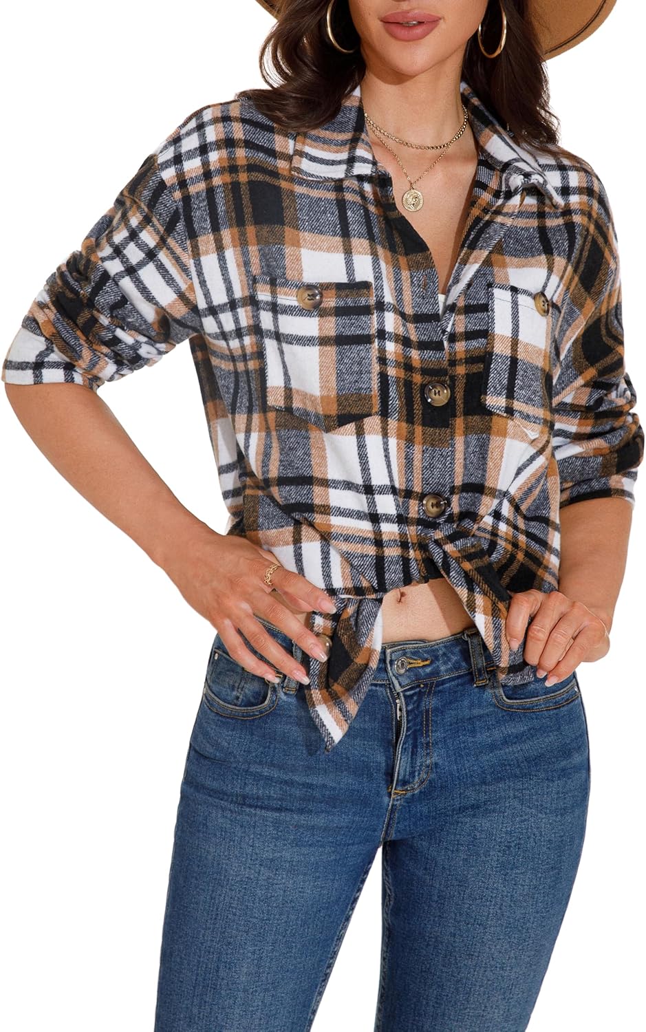 GUANYY Womens Flannel Shirts Button Down Plaid Shacket Long Sleeve Collared Business Casual Work Tops - Image 8