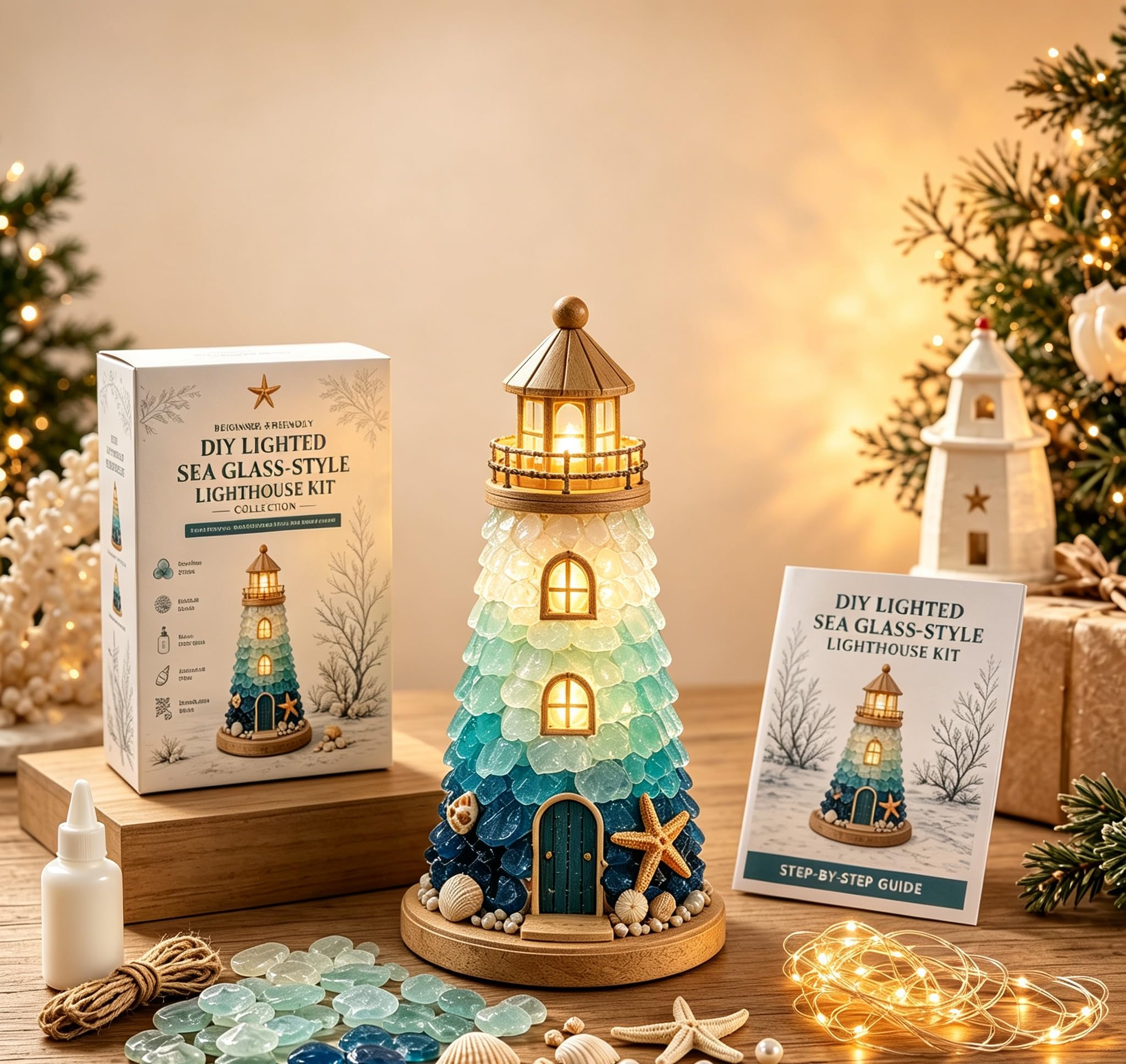 Lighted Lighthouse DIY Kit, Sea Glass Art Kit for Adults Coastal Craft