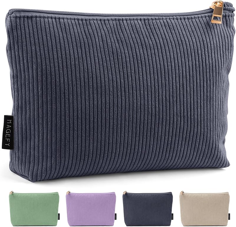 MAGEFY Small Makeup Bag for Purse Corduroy Makeup Bag with Inner Zipper Pockets Travel Cosmetic Bag for Women Preppy Stuff, Black