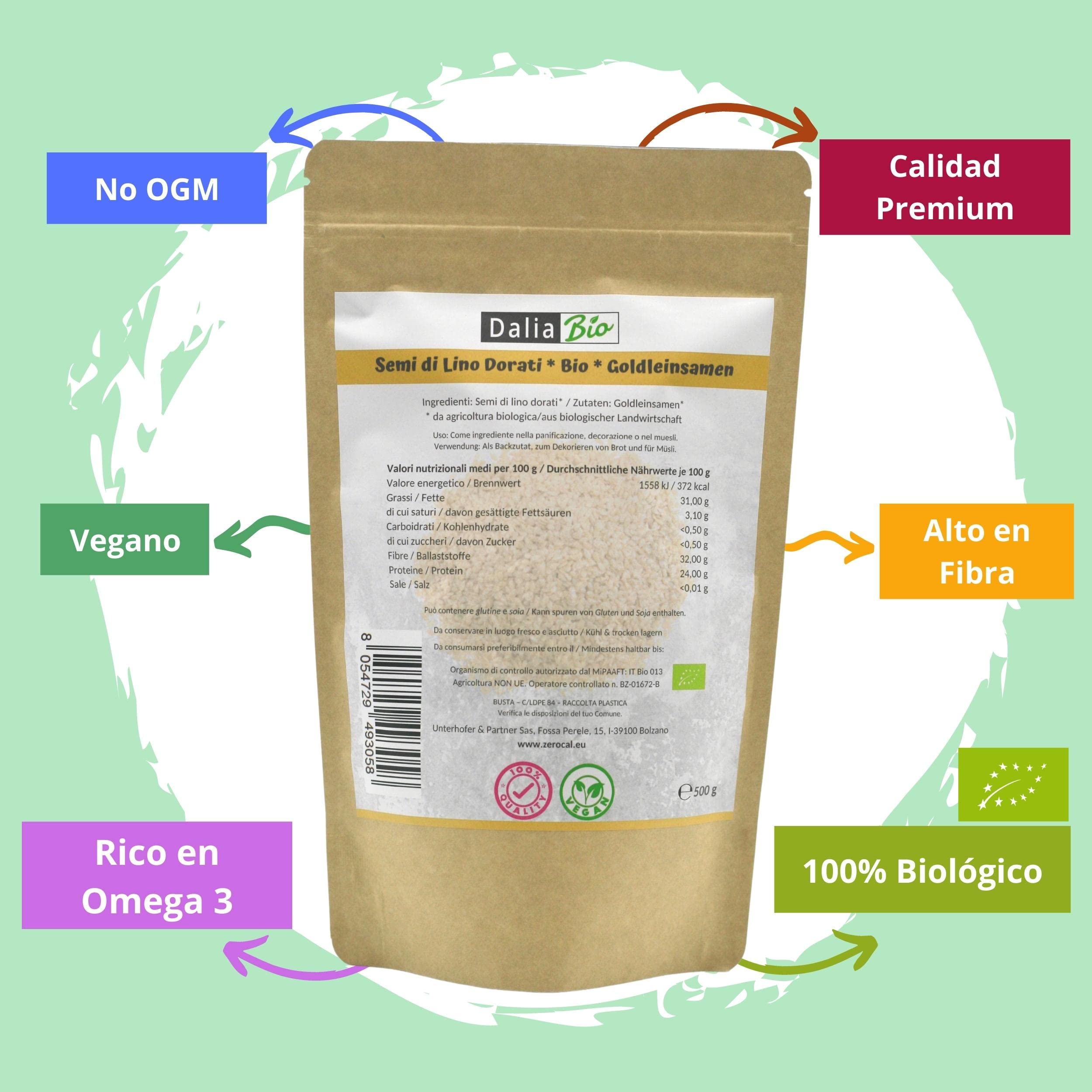 Dalia Bio GOLDLEINSAMEN 500g in BIO-Qualität | Leinsamen in gold, naturbelassen und rein pflanzlich | Hochwertige Quelle für Ballaststoffe und Omega-3 | Glutenfrei (Packung mit 2)