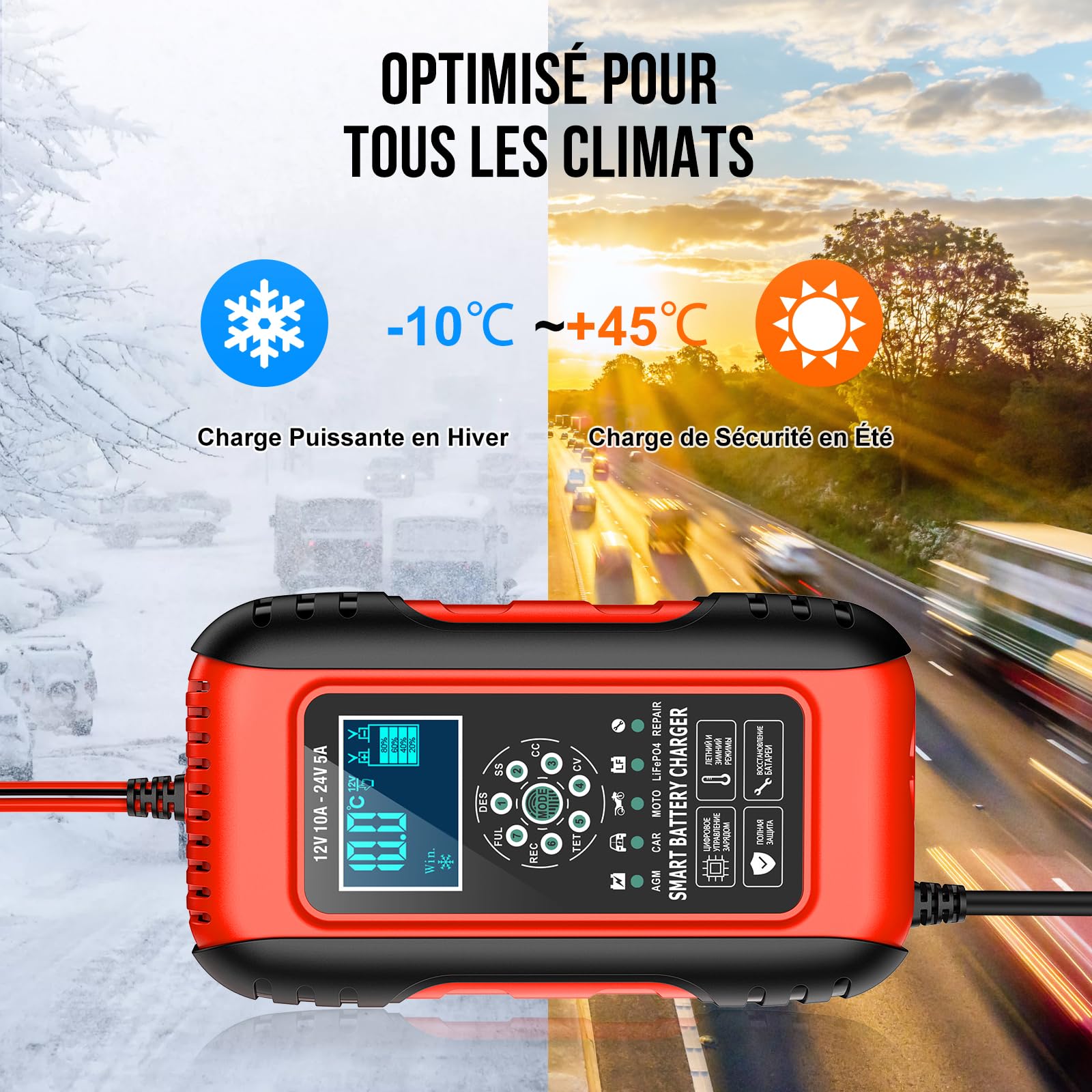12V/24V 10A Chargeur Batterie Lithium, Chargeur Batterie Voitures avec Écran Tactile, 11 Protections Charge&Fonction Réparation, Sécurité Enfant pour Voiture Moto Camion, AGM, Gel, Wet, LiFePO4