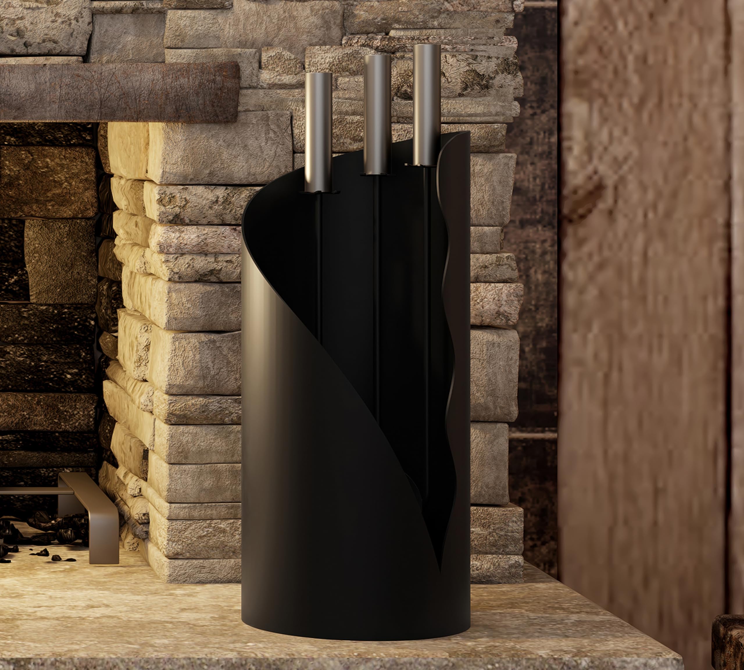 Kingson Juego de utensilios para chimenea de 3 piezas – Juego moderno de herramientas para chimenea con cepillo, pala y atizador – Soporte de pie redondo – 52,5 cm de altura – Mango de acero