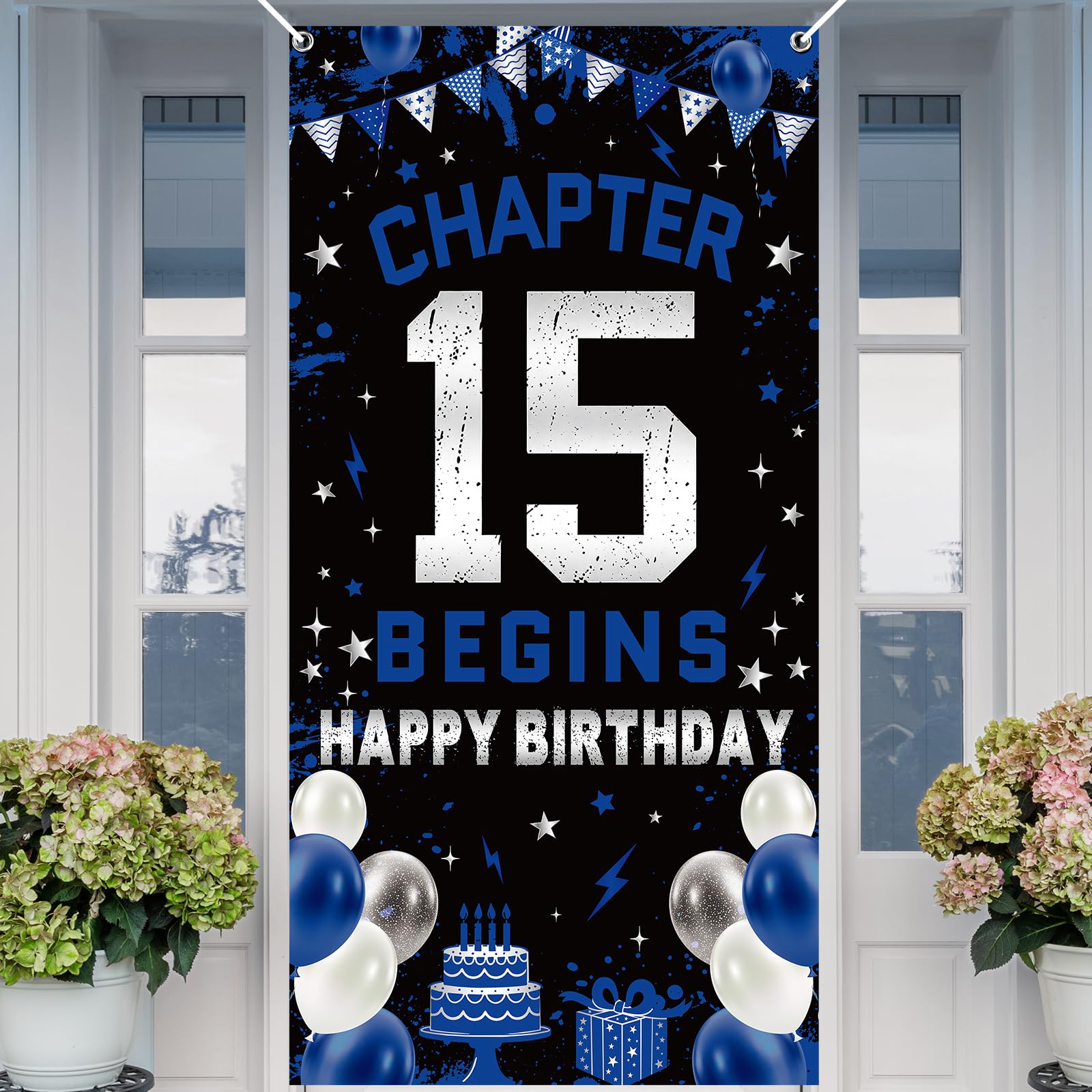 JoyAura 15th Birthday Door Banner Decoration - Blue Silver Fabric Digits Birthday Large Sign Door Cover Background with Star Pattern, Happy Birthday Poster for Son Nephew Indoor Outdoor Celebrations