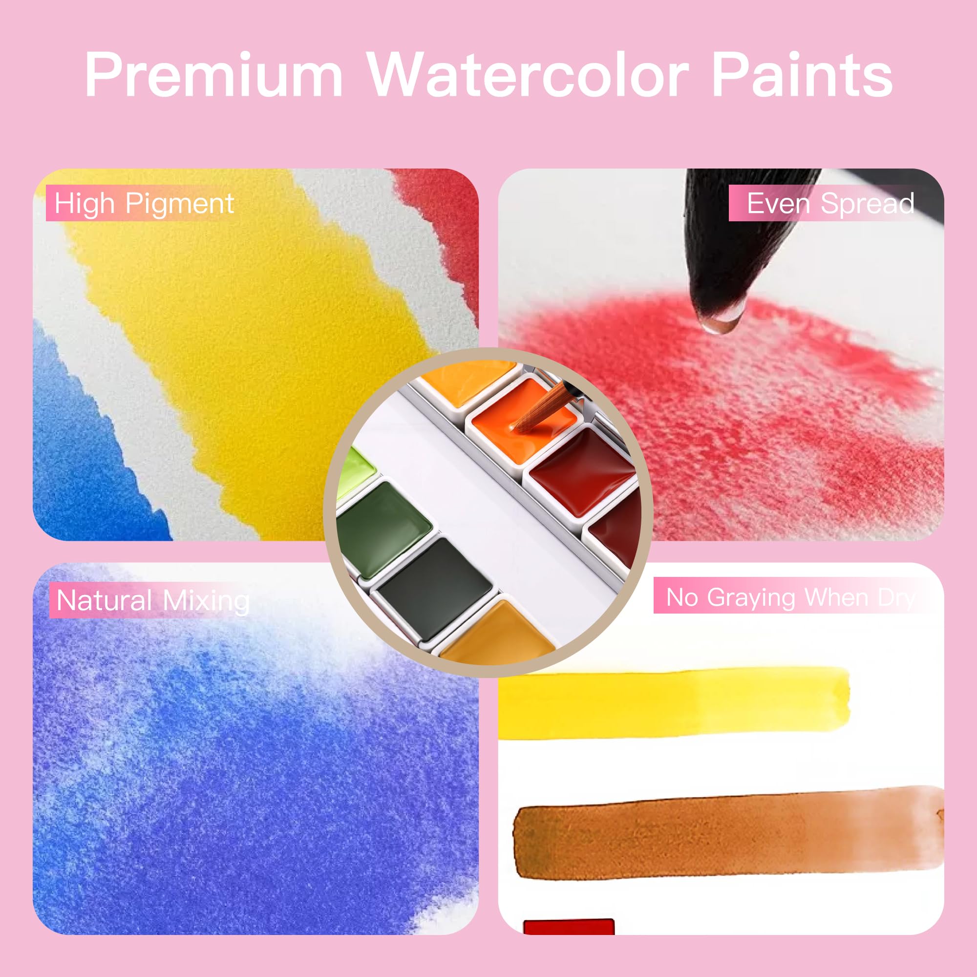 rubens Set di pittura ad acquerello professionale, 24 colori, mezze padelle ad alto pigmento, in elegante custodia in metallo rosa con motivo a rombi con anello, regalo artistico estetico per