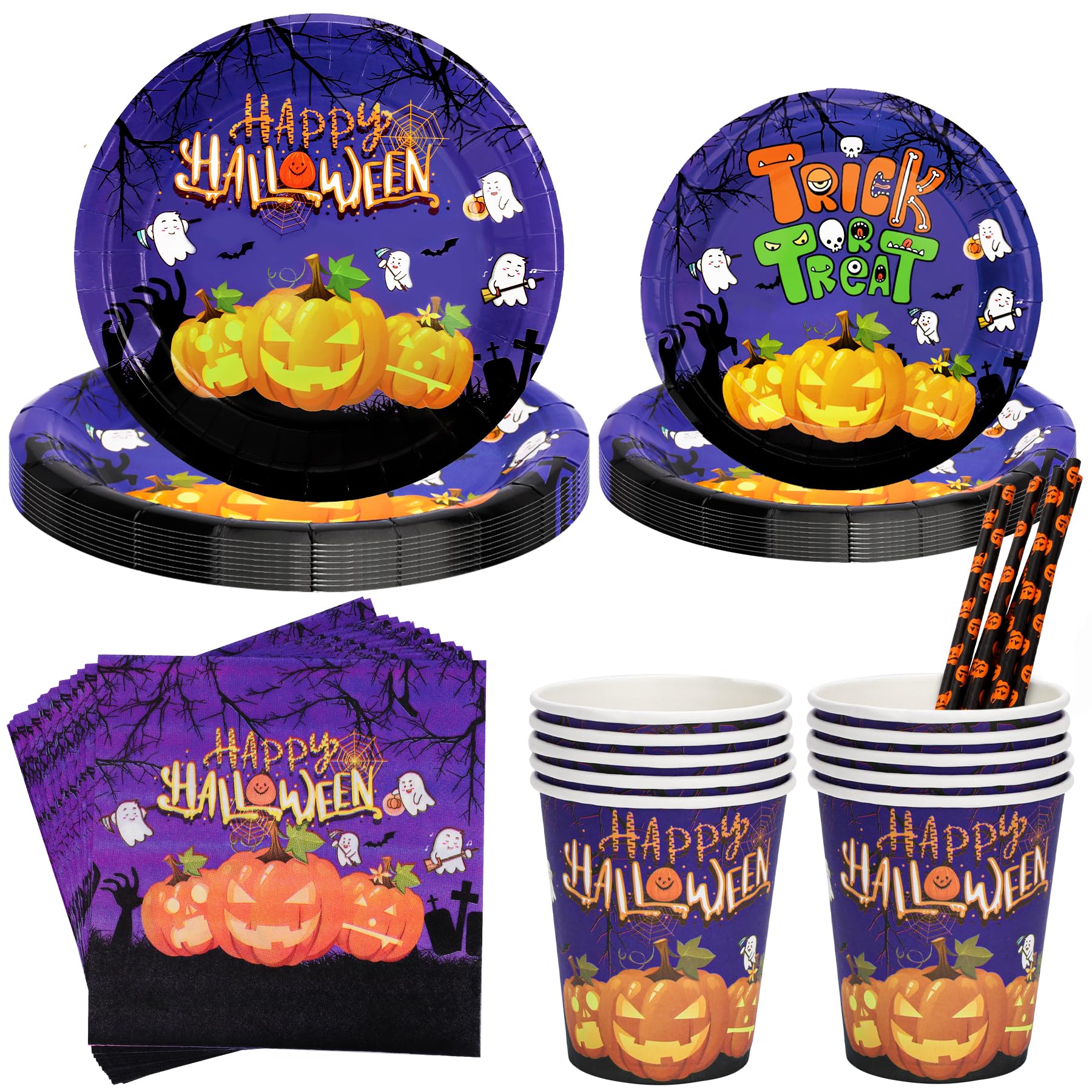 Halloween Tableware Set for 10 People, 50Pcs Decoration Paper Dinnerware With Reusable Plates, Napkins, Cups