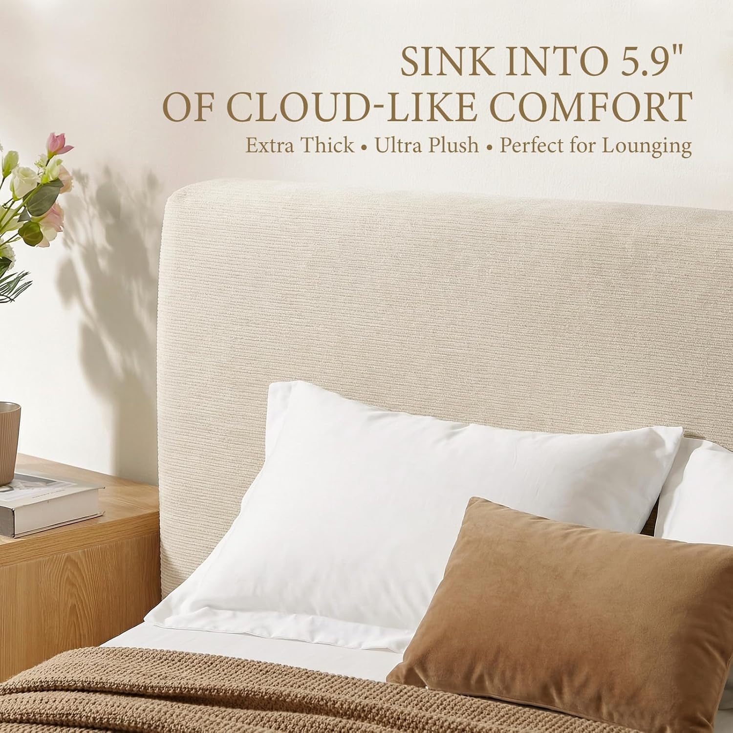 XIAO WEI Queen Cloud Bed Frame, Upholstered Platform Bed Frame with Headboard, 5.9" Thick Fully Padded Frame, Cream Ribbed Chenille Fabric, Noise-Free, No Box Spring Required, Easy Assembly