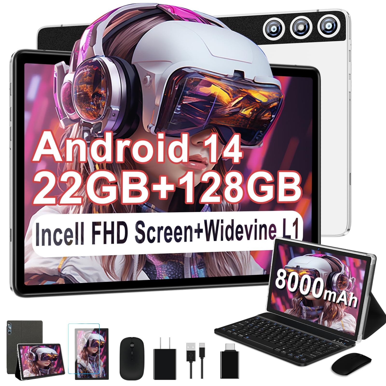 DMOAO Android Tablet 2025 Tablets with 22GB RAM+128GB ROM/ 1TB Expand, 8000mAh Battery, Octa-Core 2.0GHz CPU, 5G WiFi, GPS, 10.1 Inch FHD IPS 2 in 1 Tablet PC with Keyboard Sliver Tableta