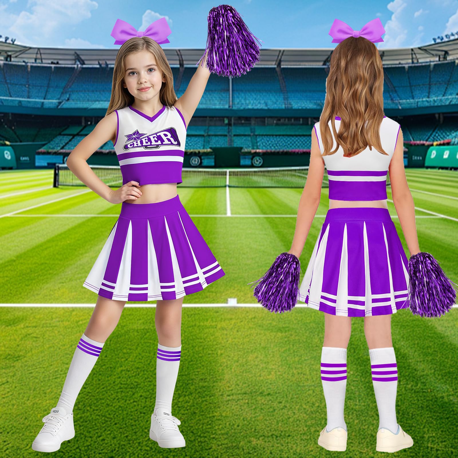 Deguisement Pompom Girl Deguisement Cheerleader avec Pom Poms Nœud Et Chaussettes Costume De Cheerleader Enfant Uniforme de Pom-Pom Girl Pour Carnaval Cosplay Mascarade Halloween FêTe Performance - 4