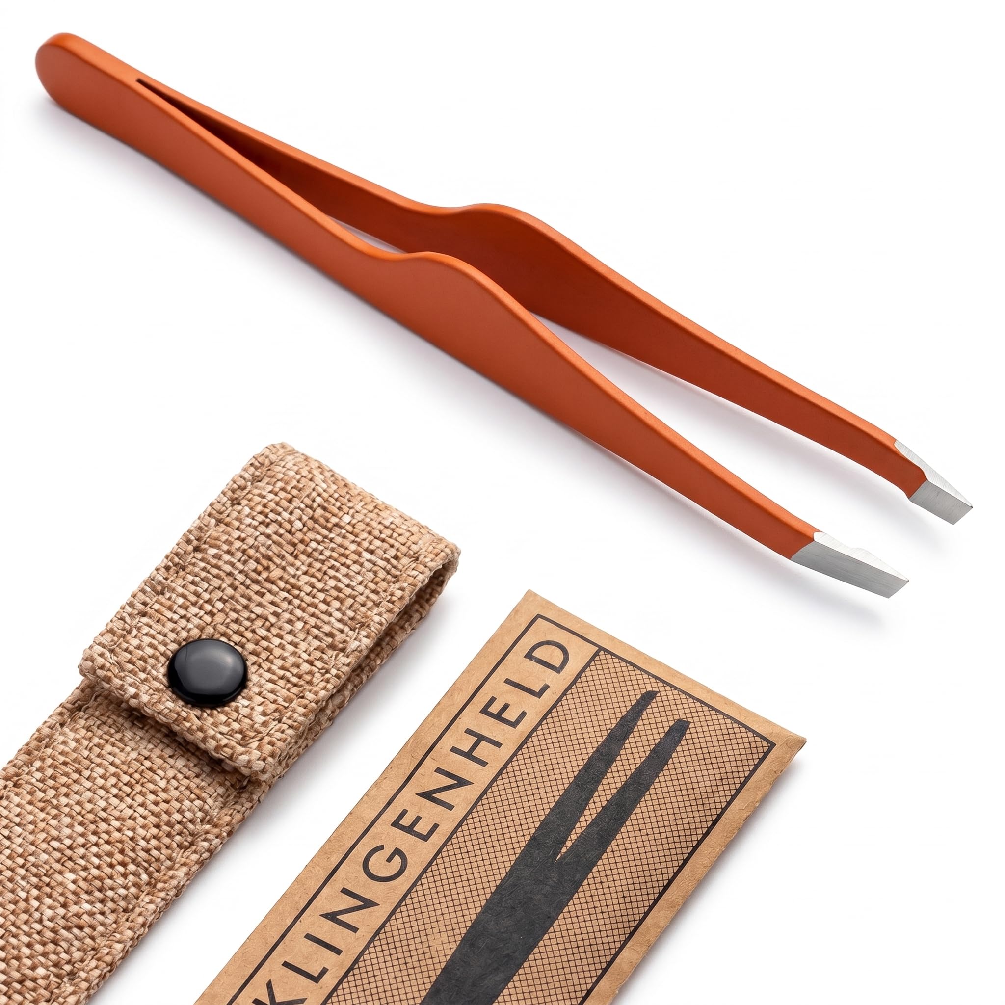 KLINGENHELD® Haargenaue Pinzette - greift jedes Haar beim 1. Versuch ohne durchrutschen - Pinzette Augenbrauen Zupfen handgeschliffen, schließt Jahr für Jahr bündig - Jute-Etui (50 Farben)