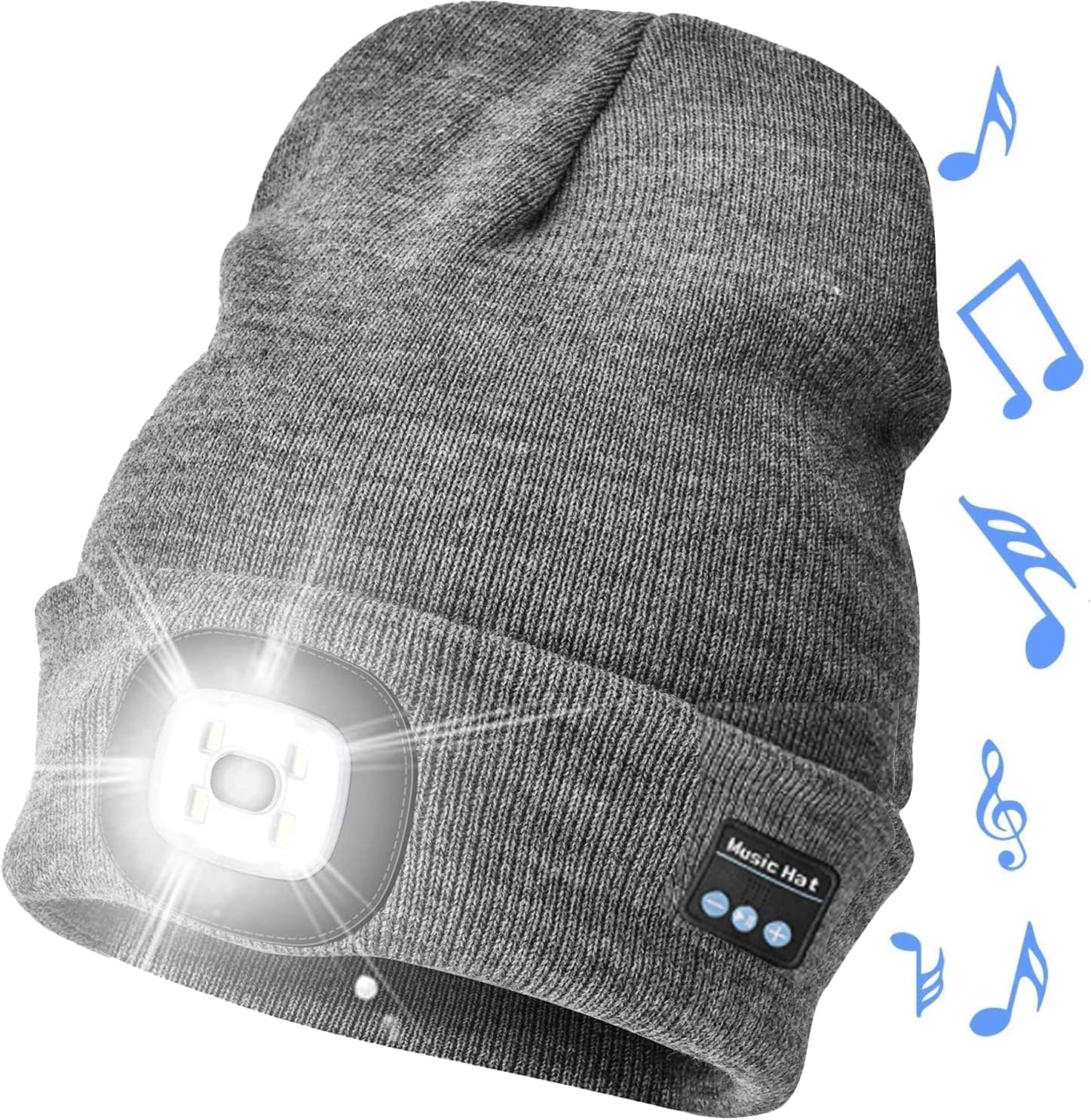 CUQOO Bluetooth Beanie Hat in Grey with LED Light, Built-in Speakers & Mic – Warm, Rechargeable Winter Beanie for Hands-Free Calls & Music, Ideal for Outdoor Sports, Running & Hiking