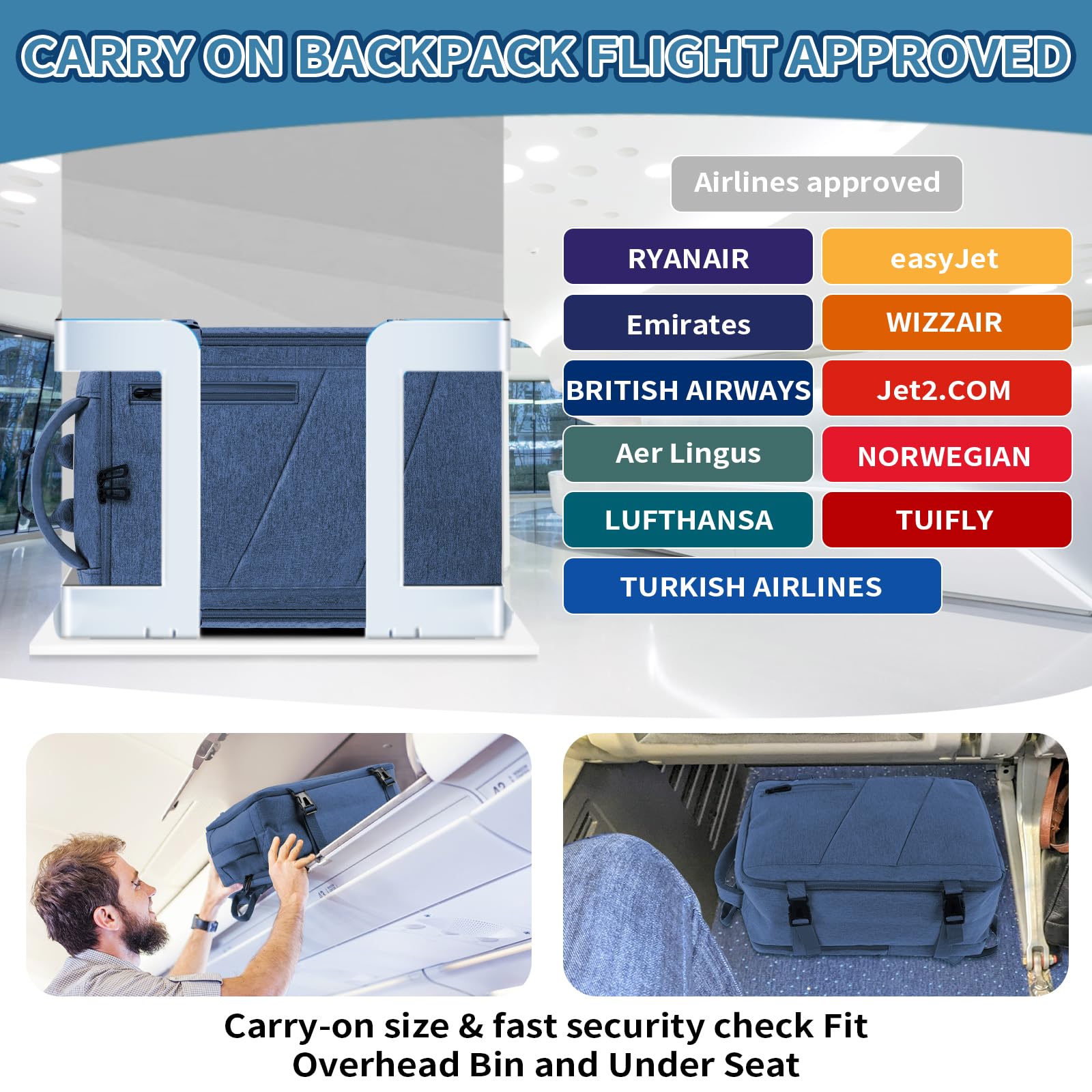 VOESLD Zaino per Ryanair 40x20x25, Zaino da Viaggio Aereo Bagaglio a Mano Blu Zaini Porta PC Donna Uomo Impermeabile Zaini Bagaglio a Mano per Tutte le Principali Compagnie Aeree