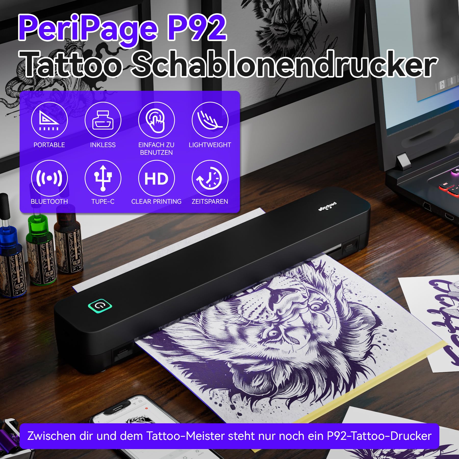 PeriPage P92 Tattoo-Schablonendrucker, Thermo-Tattoo-Drucker mit Tattoo-Schablonenpapier, kompatibel mit Telefon, Pad und PC